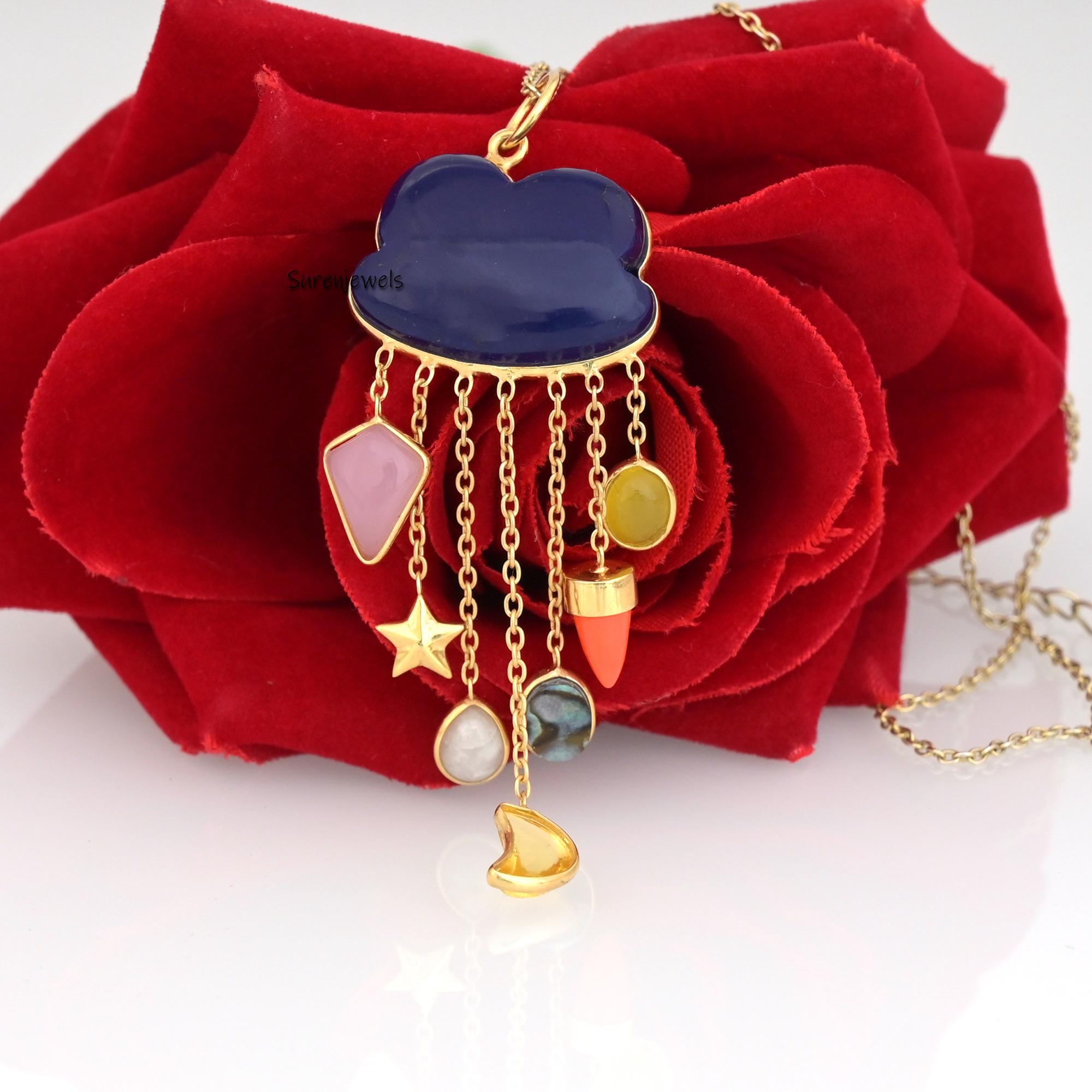 Hand Carved 14K Gold Gemstone Rainy Cloud Pendant - View 4 - Suren Jewels | SKU: SJP2667-SLYGMSMT