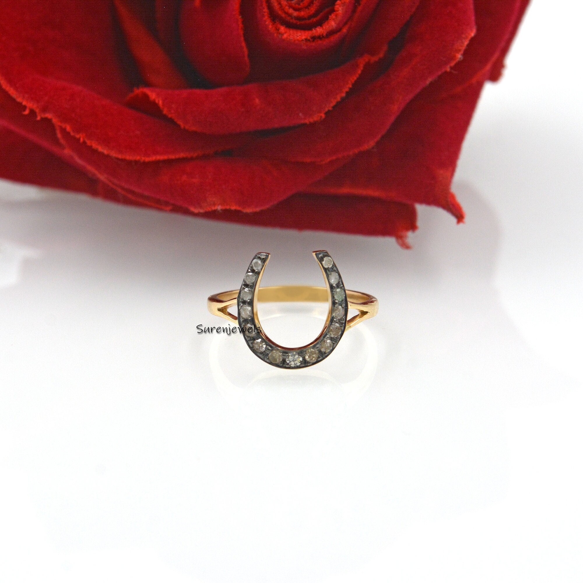 14k Gold Horseshoe Ring with Moissanite Diamond - Suren Jewels | SKU: SJR1084-9KYGRHDI-US-8