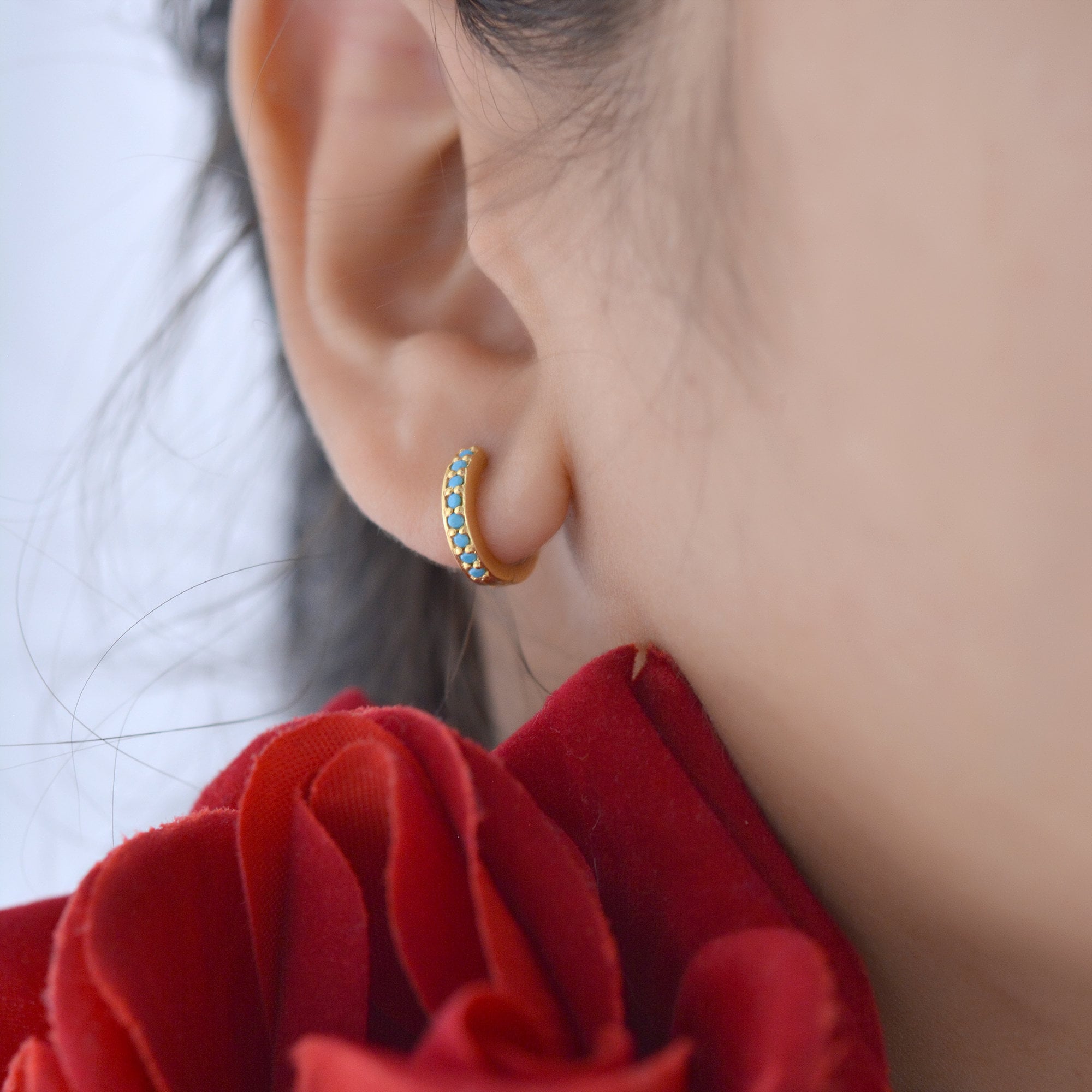 14k Solid Gold Turquoise Huggie Earrings: Handmade Hoop Pair - View 3 - Suren Jewels | SKU: SJE1005-SLYGYQ-10M