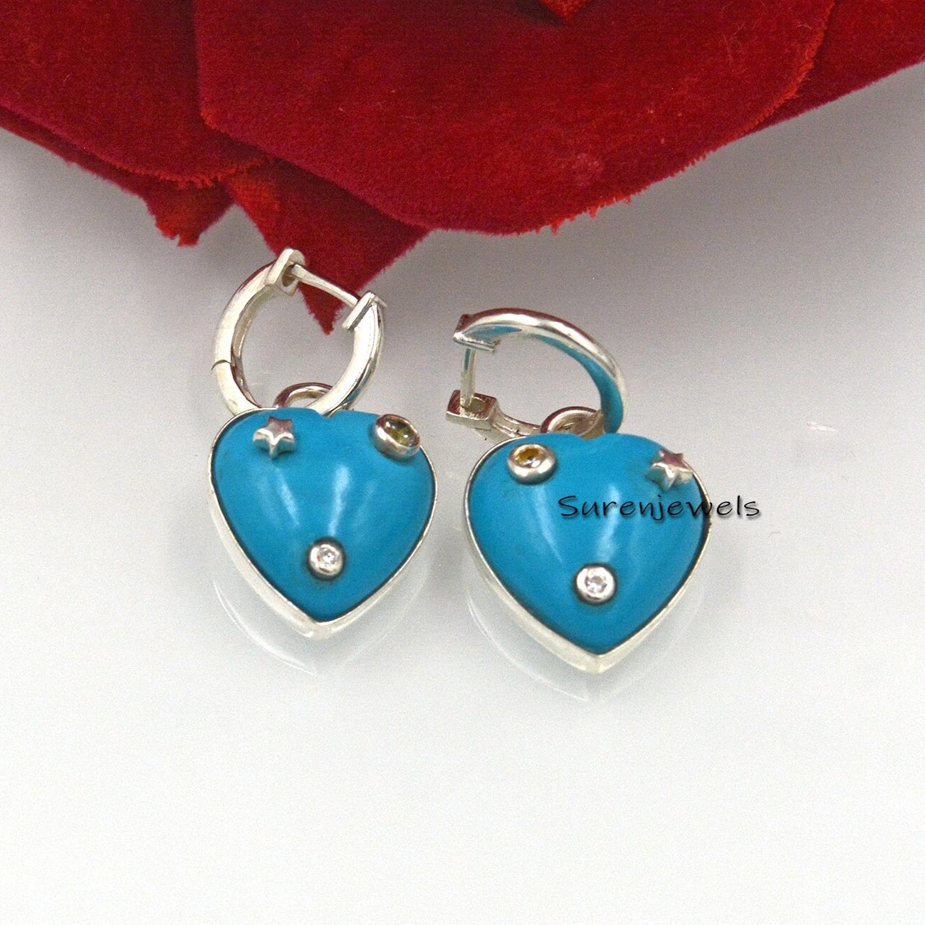Turquoise Heart Dangle Earrings: 925 Silver Hook Earrings - Suren Jewels | SKU: SJE1052