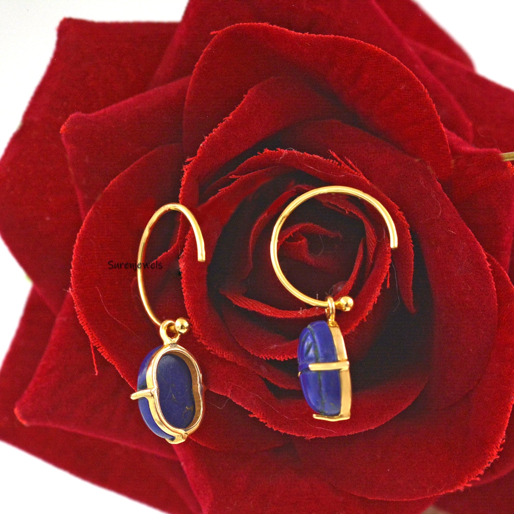 14K Gold Scarab Earrings: Hand Carved Amulet, Gemstone Jewelry - View 2 - Suren Jewels | SKU: SJE1055