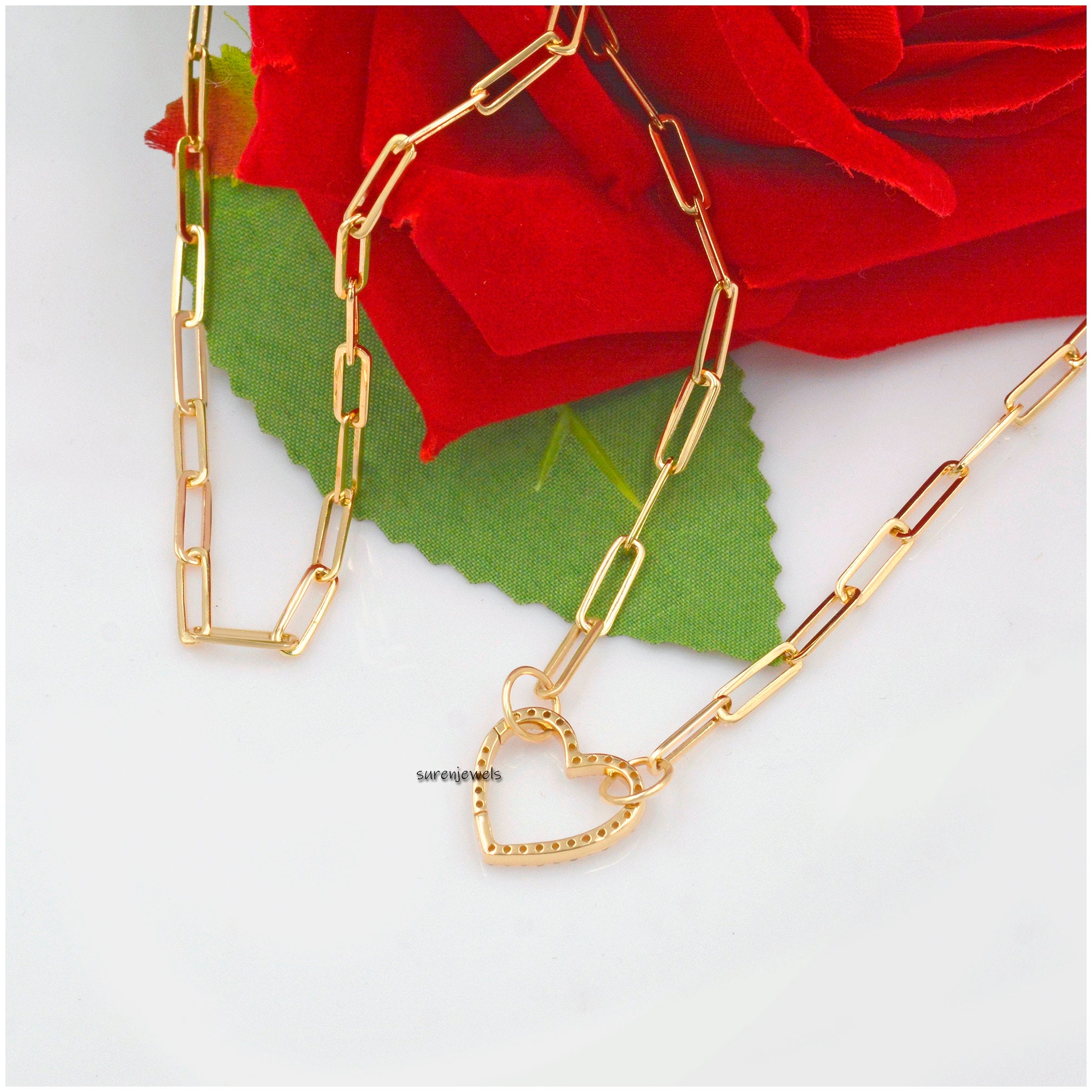 Diamond Heart 14K Gold Charm Enhancer: Thick Link Pendant (15mm) - View 4 - Suren Jewels | SKU: SJP536-14KYGDI-N47-18I
