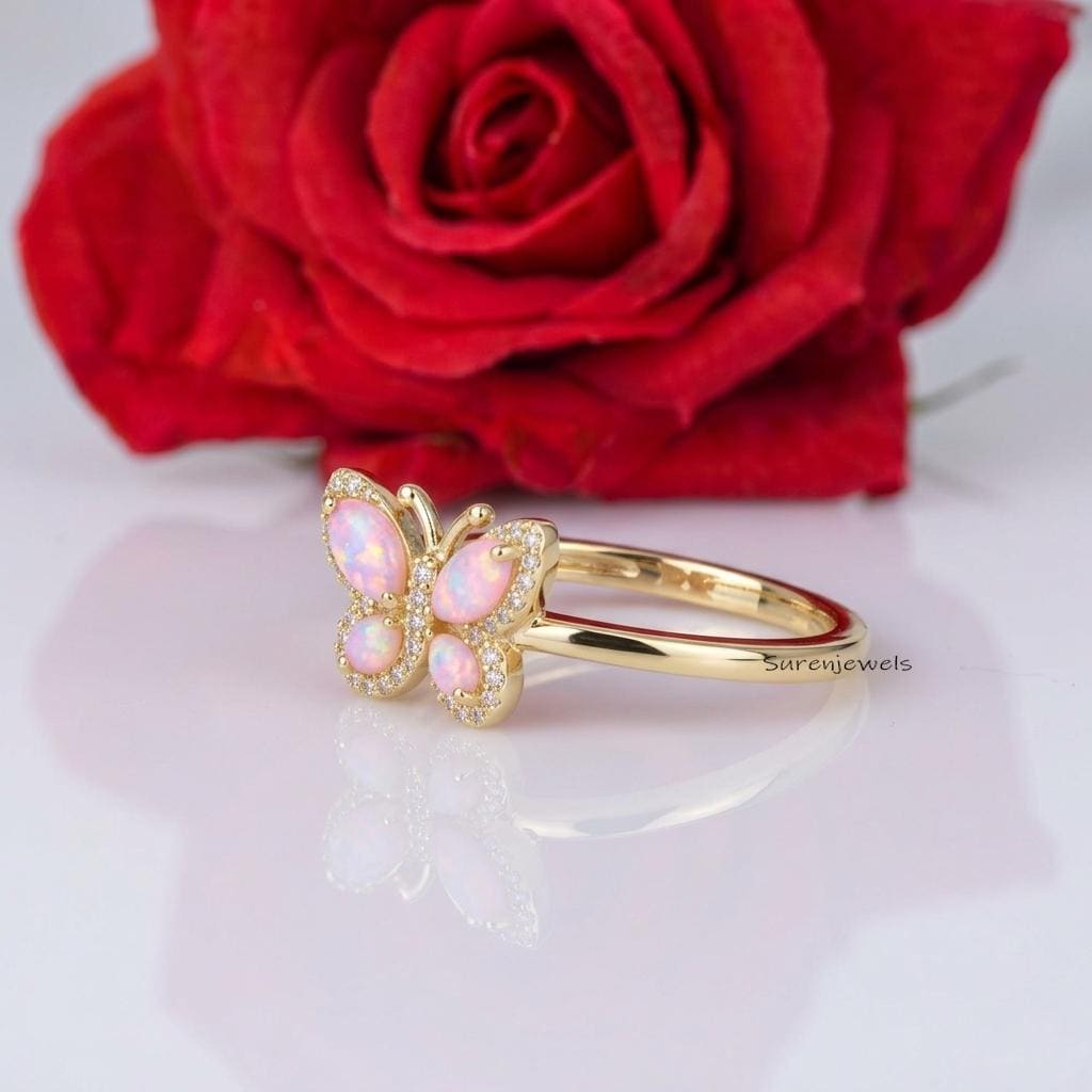 Pink Opal Butterfly Ring, 14K Gold Plated Butterfly Ring, Delicate Insect Jewelry, Nature Inspired Ring, Promise Ring for Her