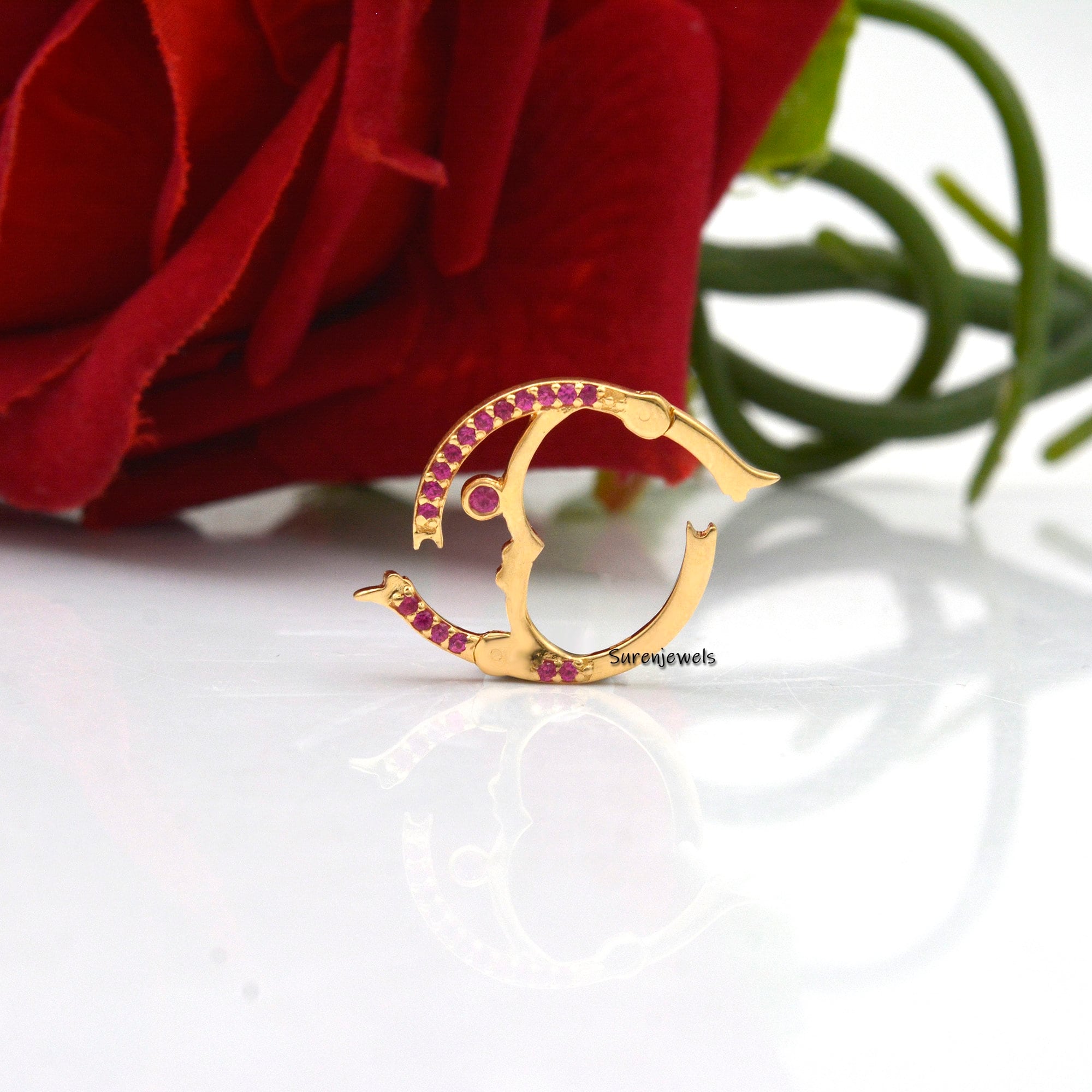 Turquoise Crescent Moon Charm Holder: 14K Solid Gold Lock, 20mm - View 2 - Suren Jewels | SKU: SJP944-SLYGDI