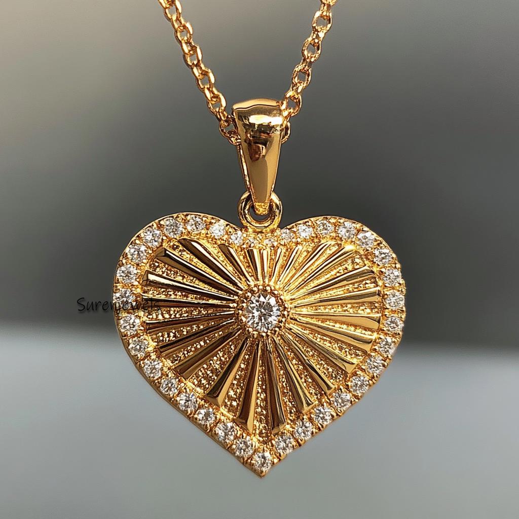 25mm 14K Gold Fluted Heart Pendant: Sunburst Charm - View 4 - Suren Jewels | SKU: SJP4391-9KYGDI-25M,SJP5208-SLYGCZ-25M,SJP55