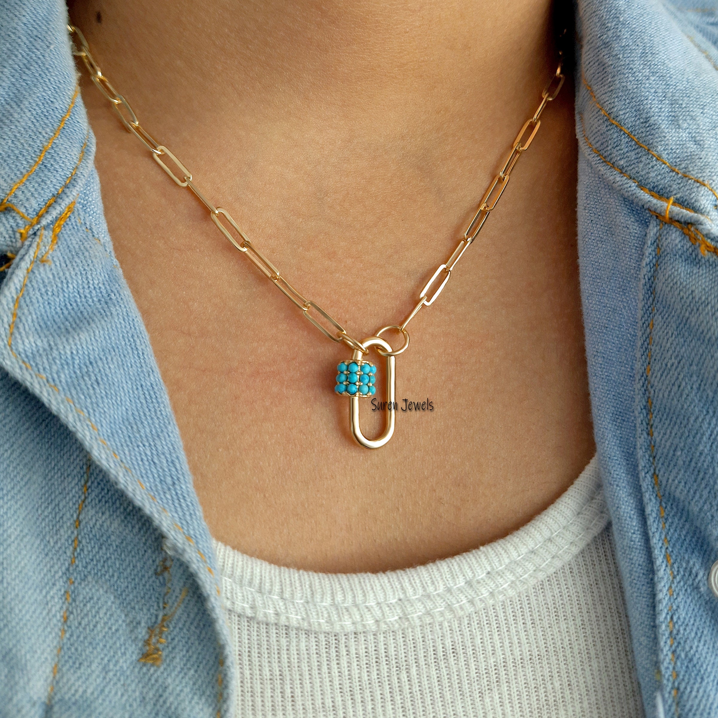 9k Gold Turquoise Carabiner Lock, Handmade Jewelry - View 4 - Suren Jewels | SKU: SJC09-9KYGTQ-N47-18I