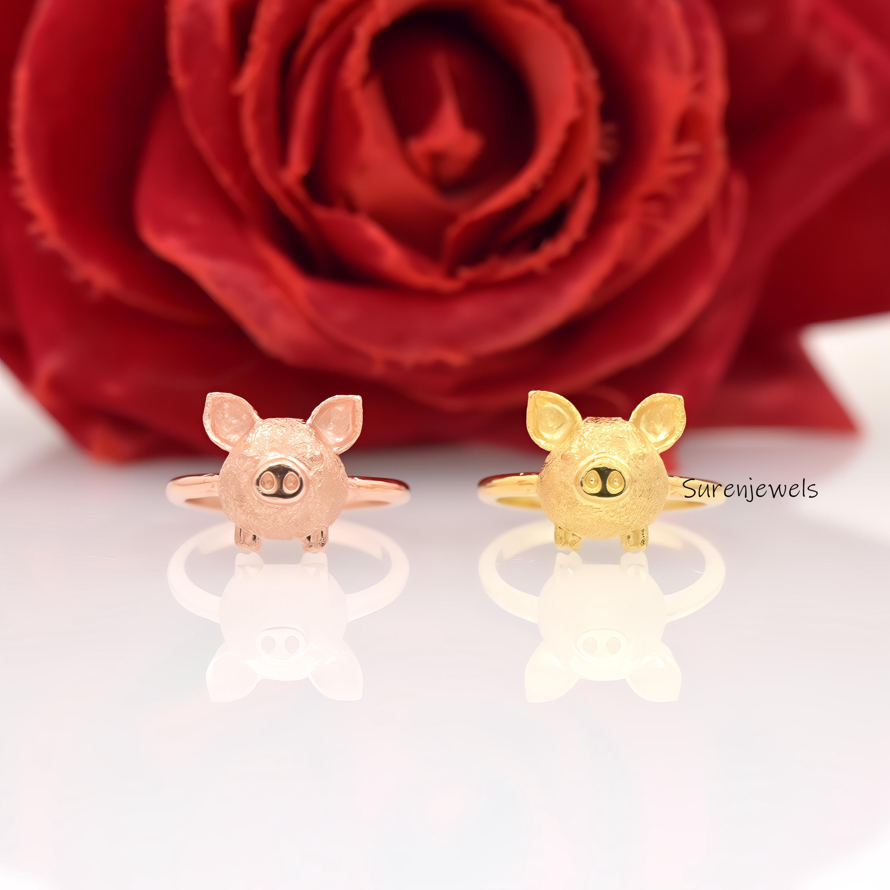 Solid 14k Gold Pig Face Ring - Handmade Animal Jewelry - View 5 - Suren Jewels | SKU: SJR2896-SLWG-US-7,SJR2924-SLNS-US-6
