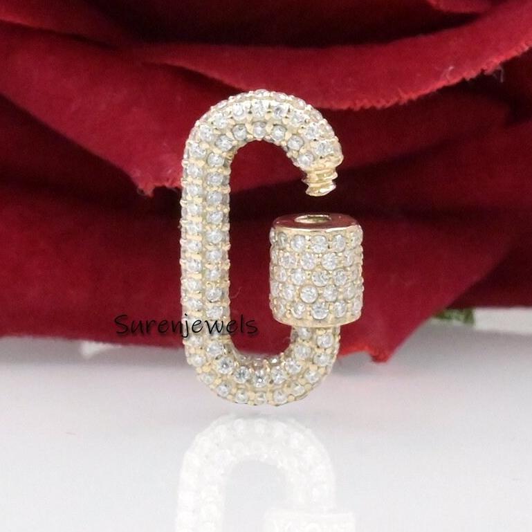 14K Gold Diamond Carabiner Lock Pendant: Full Pave Oval Charm - View 7 - Suren Jewels | SKU: SJC10-14KRGDI-19M