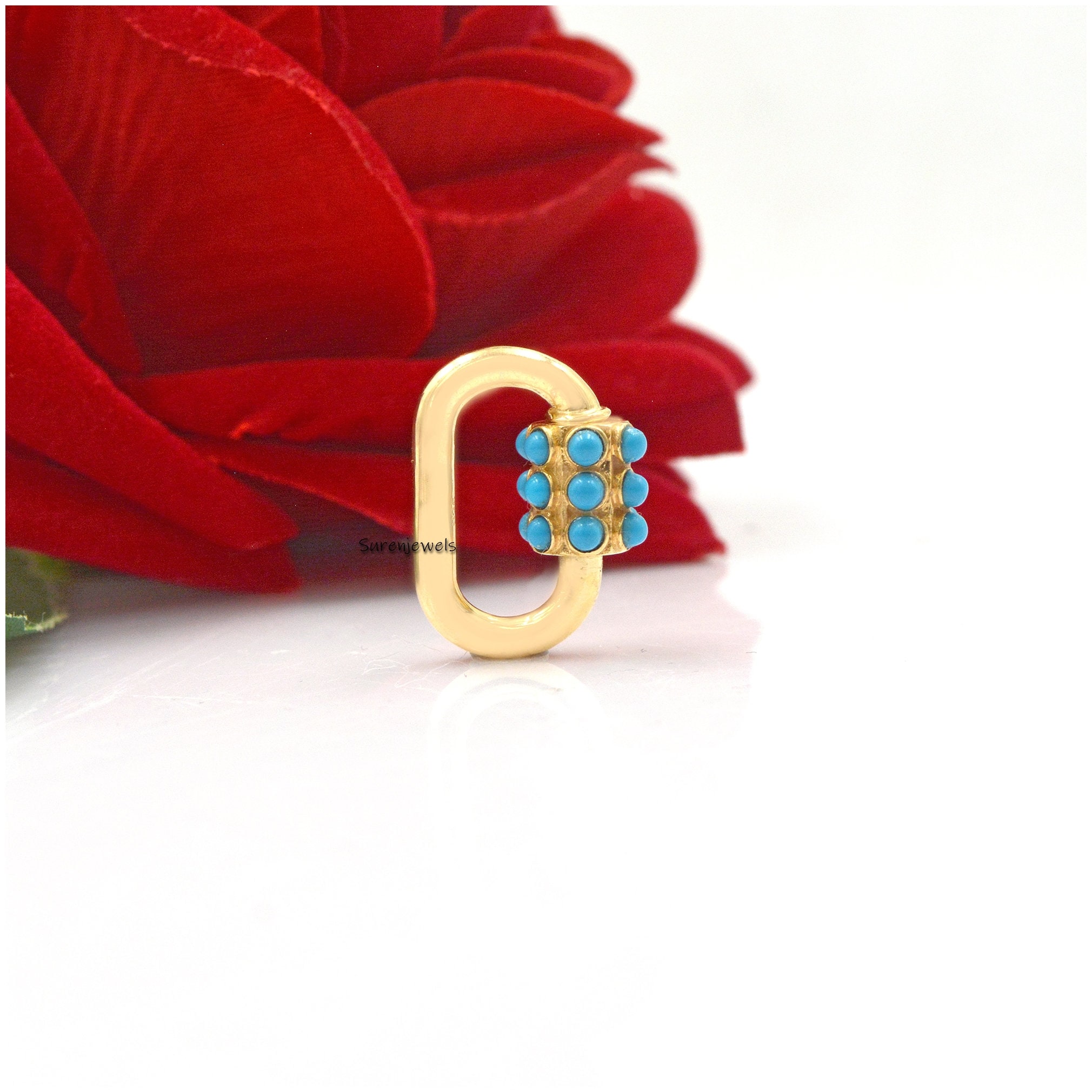 14K Solid Gold Turquoise Carabiner Lock: Gemstone Pendant - View 2 - Suren Jewels | SKU: SJC34-SLYGTQ-20M