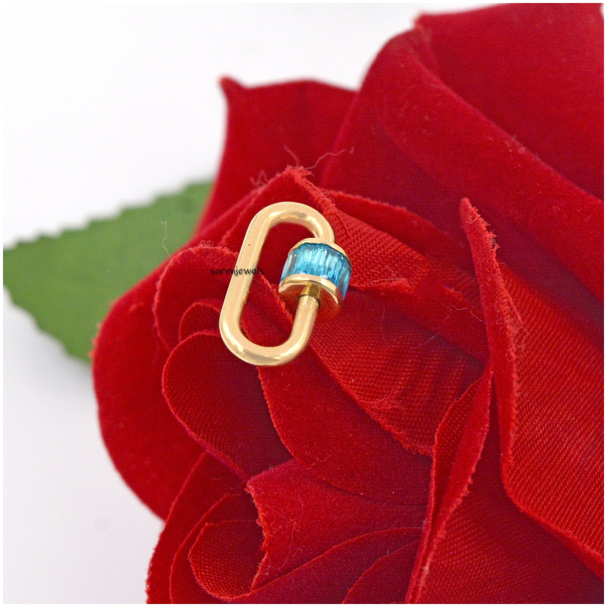 925 Silver Carabiner Lock with Aquamarine Baguettes - View 4 - Suren Jewels | SKU: SJC22-