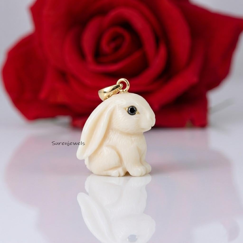 14K Gold Gemstone Bunny Pendant, Handcarved Gold Rabbit Pendant, Rose Quartz Bunny Charm, Rabbit Animal Jewelry, Carving Gold