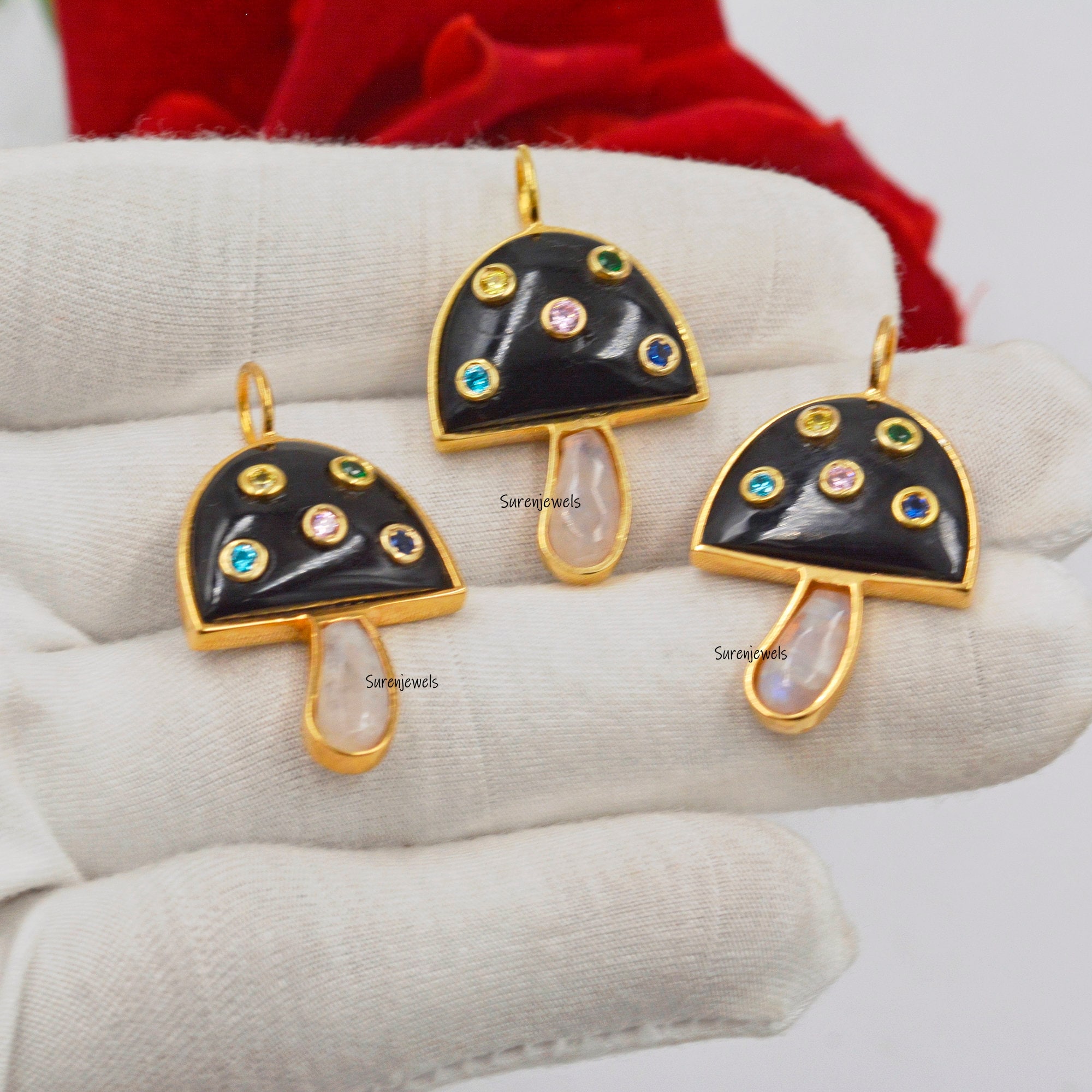 14k Solid Gold Mushroom Pendant: Gemstone Inlay, Unique Design - View 2 - Suren Jewels | SKU: SJP980
