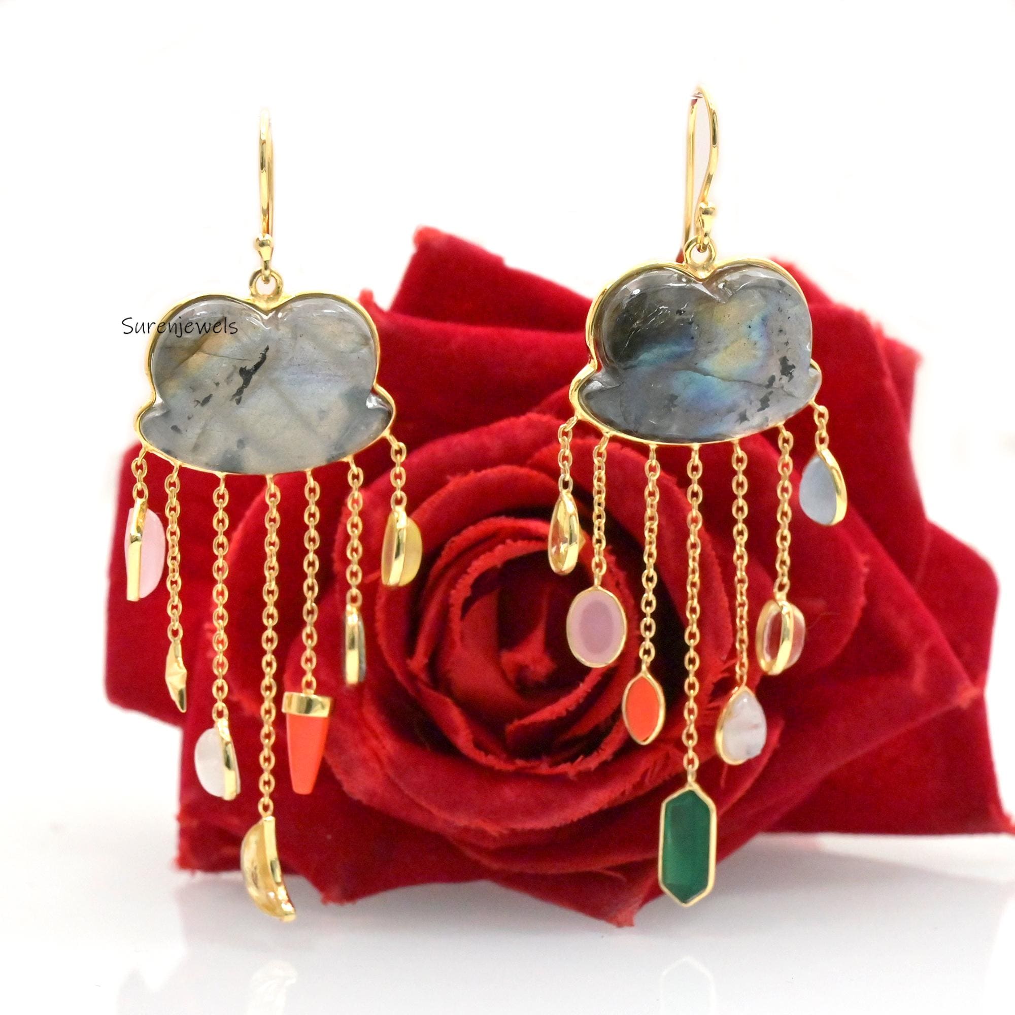14K Gold Gemstone Cloud Dangle Earrings, Rainy Cloud Design - Suren Jewels | SKU: SJE1037-SLYGMSMTCS