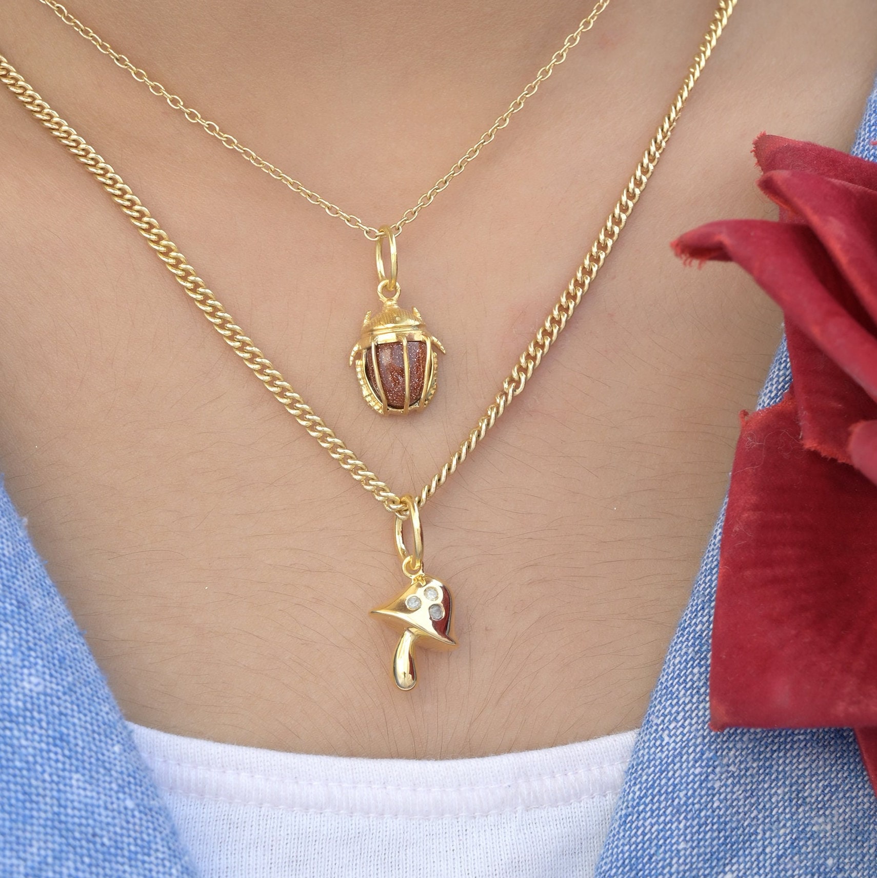 Solid Gold Gemstone Mushroom Pendant: Designer Charm - View 4 - Suren Jewels | SKU: MJM66