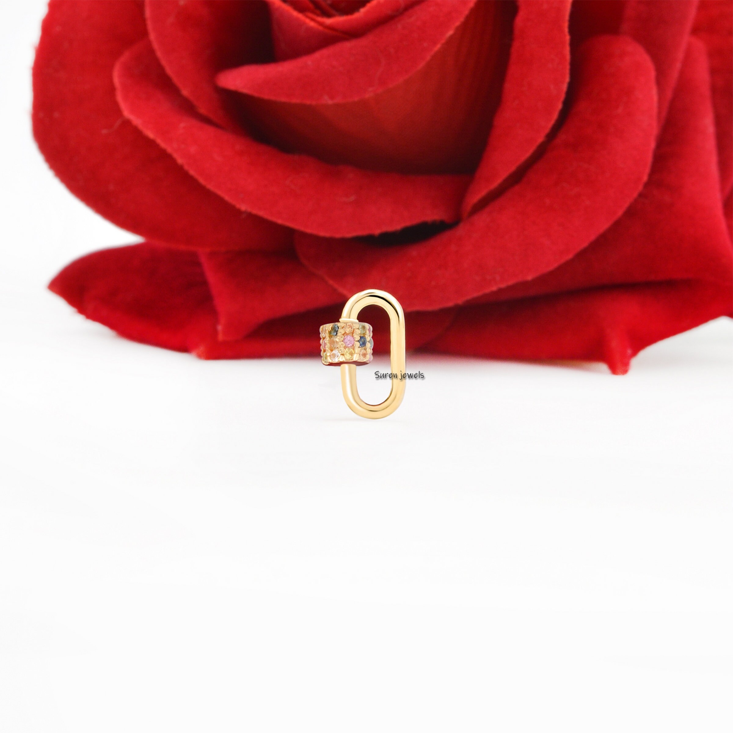 9k Gold Carabiner Lock: Multi Sapphire Screw Lock Jewelry - View 6 - Suren Jewels | SKU: SJC132-9KYGMT