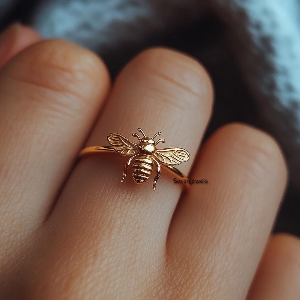 14K Gold Honey Bee Ring: Moissanite Stacking Ring - View 6 - Suren Jewels | SKU: SJR2751-SLYGCZ-US-7,SJR2811-SLYGCZ-US-7,SJR2