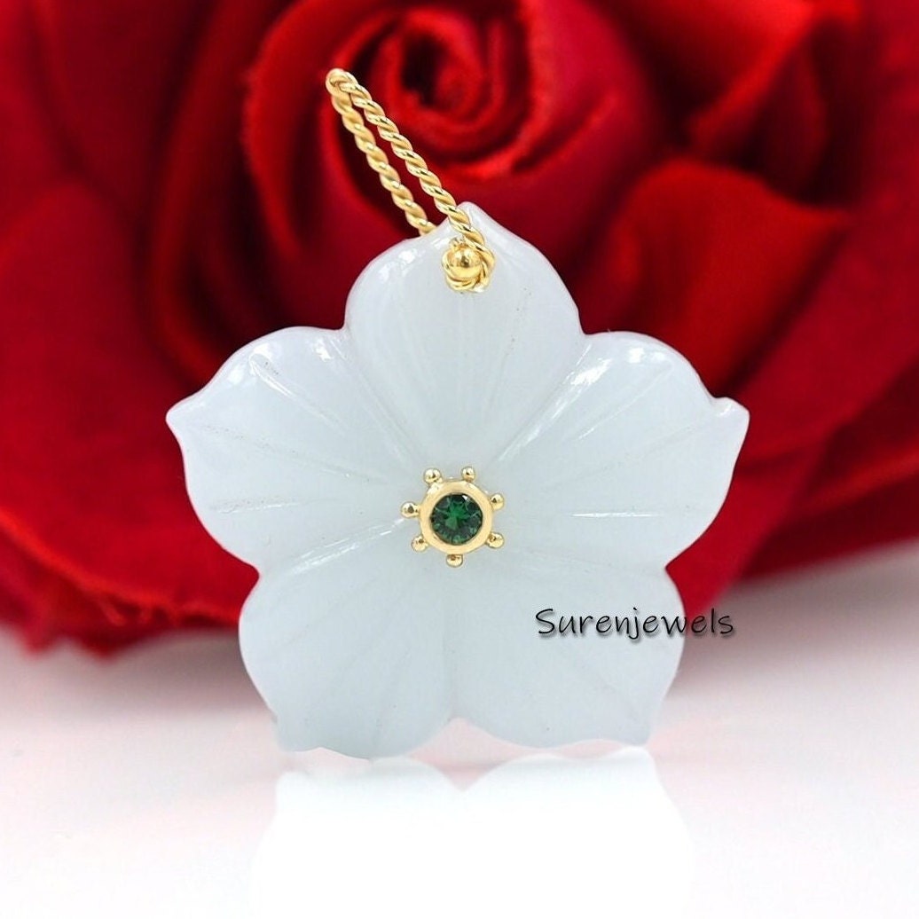 14K Gold Carved Flower Pendant: Pink Opal & Green CZ Charm - Suren Jewels | SKU: SJP1643