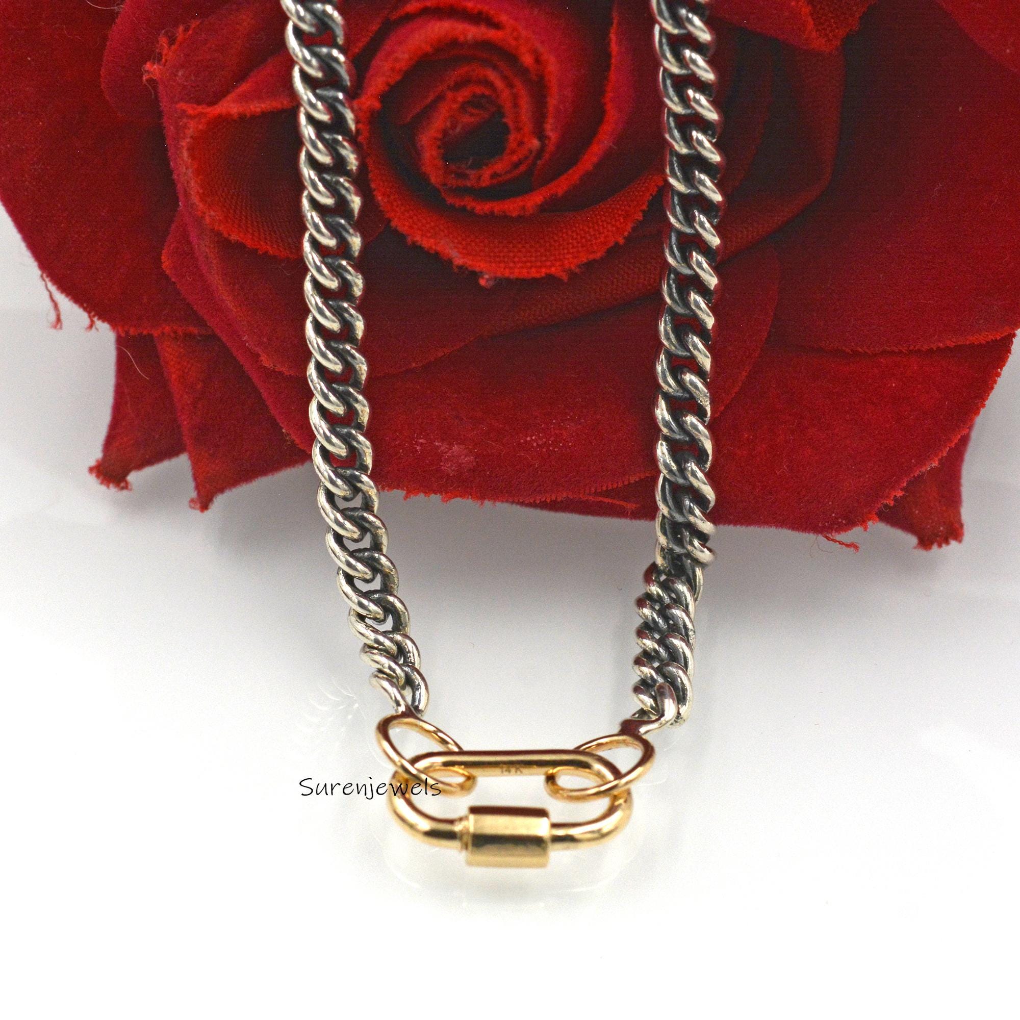 Sterling Silver Curb Chain Necklace: Two-Tone Carabiner Clasp, 18 Inch - View 2 - Suren Jewels | SKU: SJC130/G17