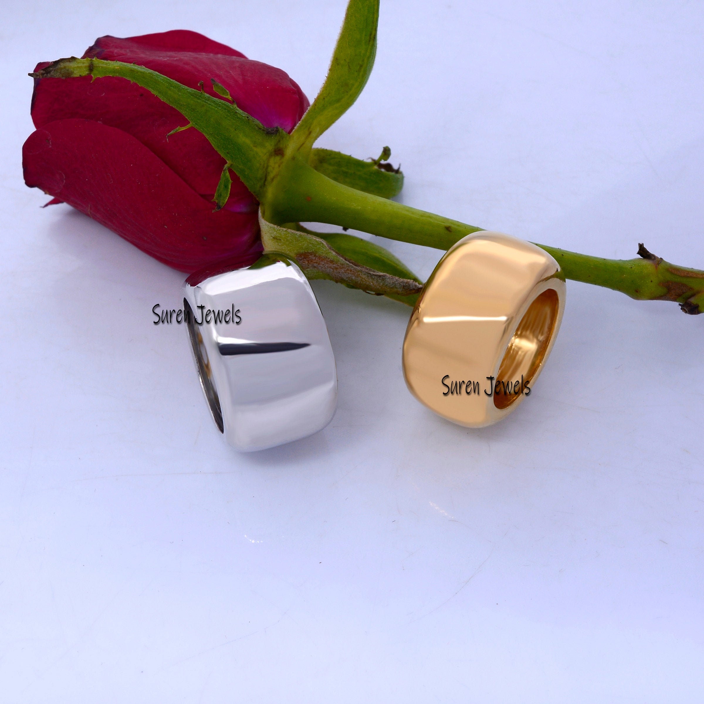 14K Gold Plated Cigar Band Ring, 925 Sterling Silver Wedding Ring - View 4 - Suren Jewels | SKU: SJR06-SLYG