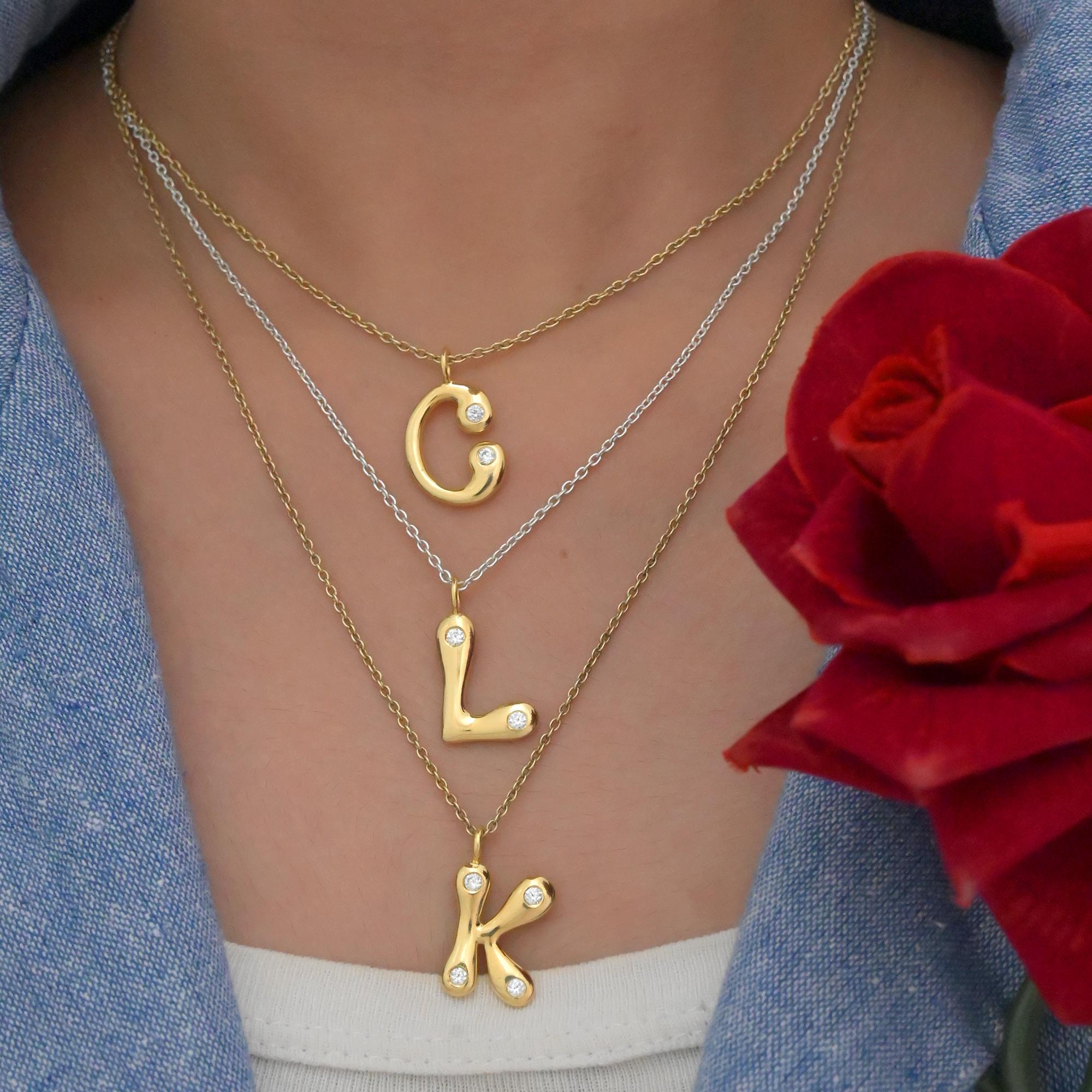 14k Gold Bubble Letter Pendant: White Topaz Initial Charm - View 3 - Suren Jewels | SKU: SJP1094-SLYGCZ-K