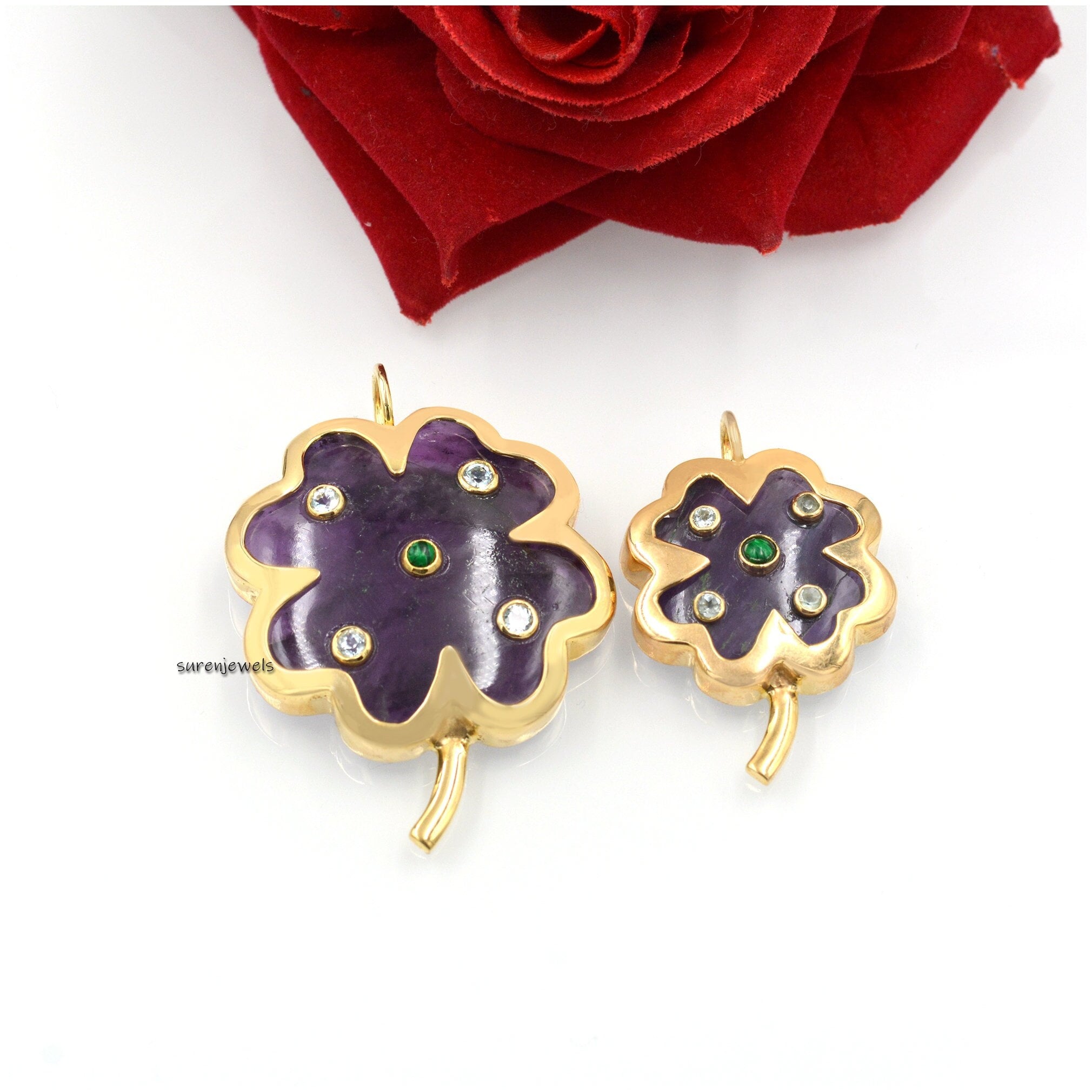 14K Gold Gemstone Clover Pendant: Gemstone Four Leaf Clover - View 2 - Suren Jewels | SKU: SJP1173-SLYGTQBTMK