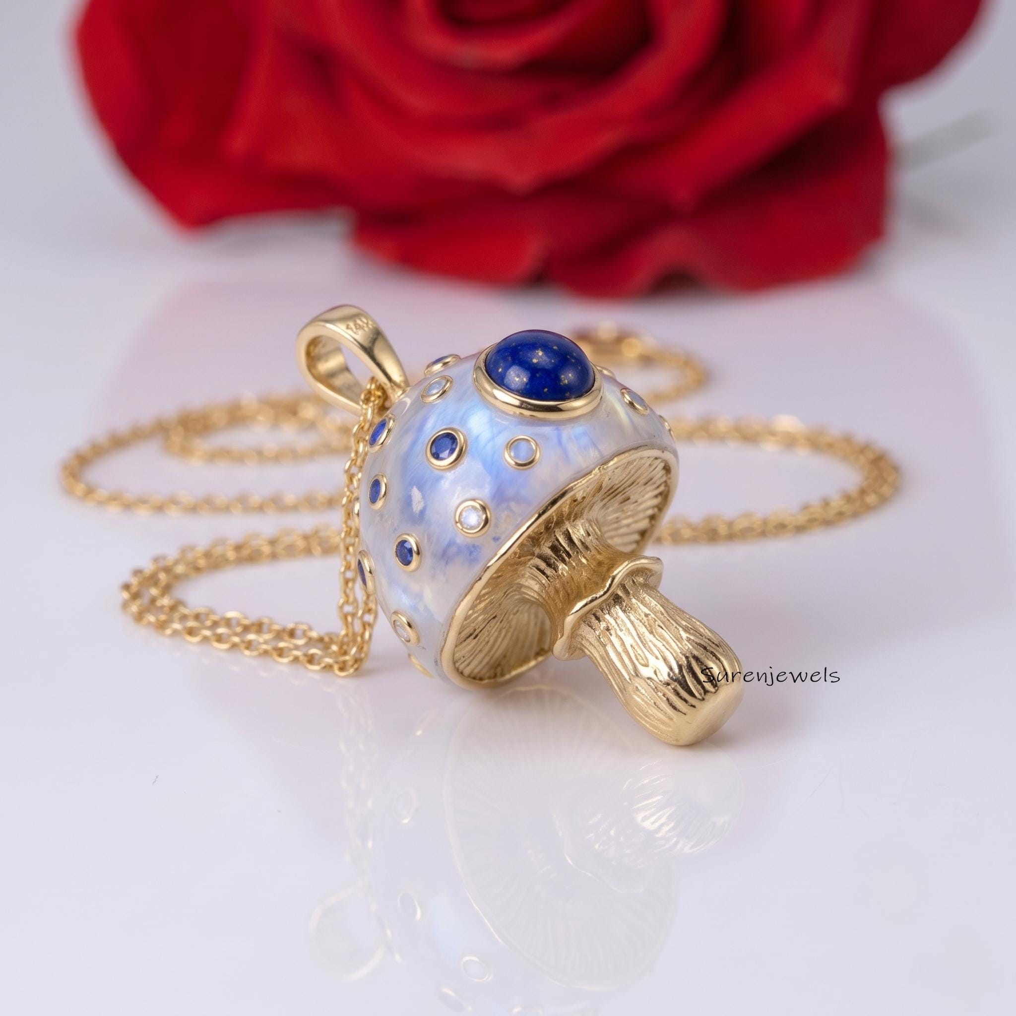14K Gold Gemstone Mushroom Pendant, Handmade Magic Multisapphire Mushroom Pendant, Mushroom 14k Pendant, Gemstone Mushroom Pe
