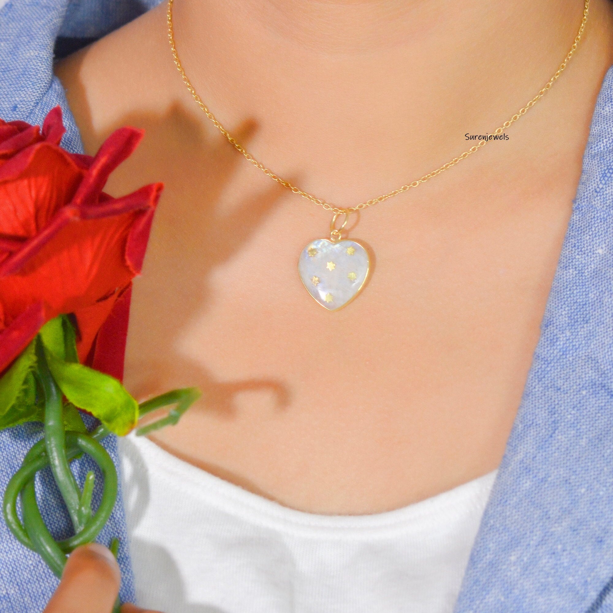 Handmade 14K Gold Gemstone Heart Pendant, Tiny Star Design - View 6 - Suren Jewels | SKU: SJP758-14KYGHT-20M