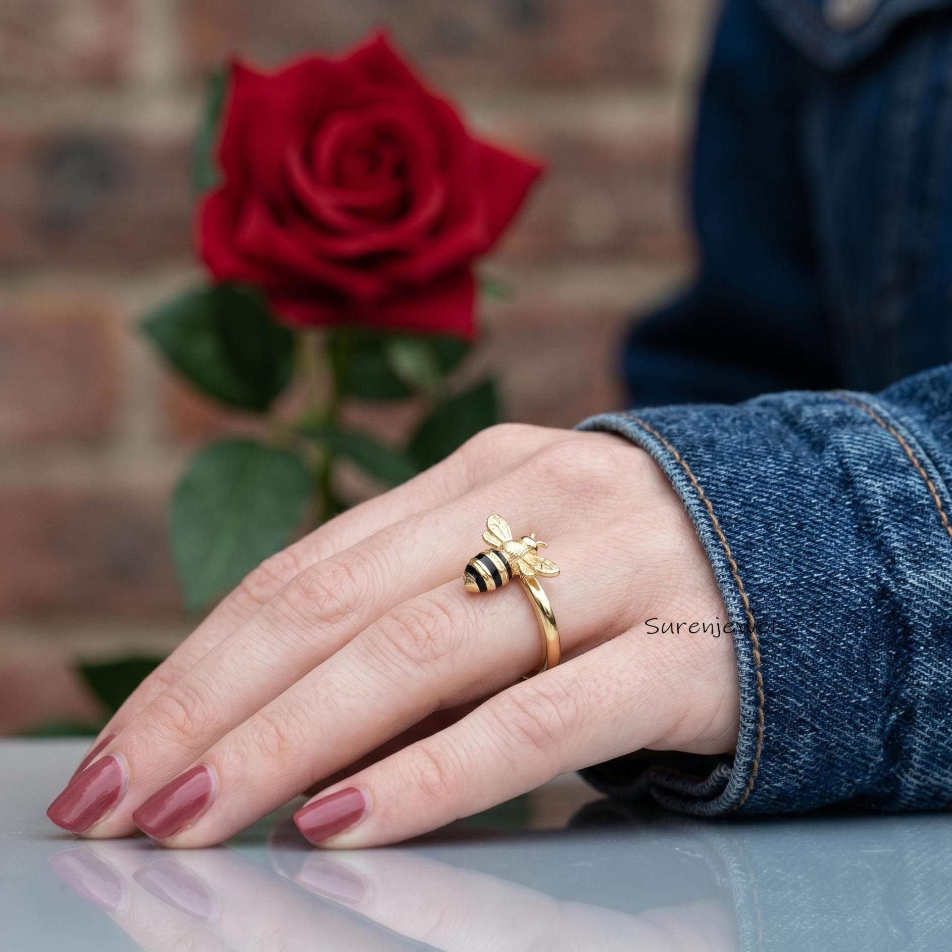 14K Gold Honey Bee Ring, Bumble Bee Stacking Ring, Diamond Honey Bee Ring, Dainty Honey Bee Ring, Delicate Unique Honey Bee R