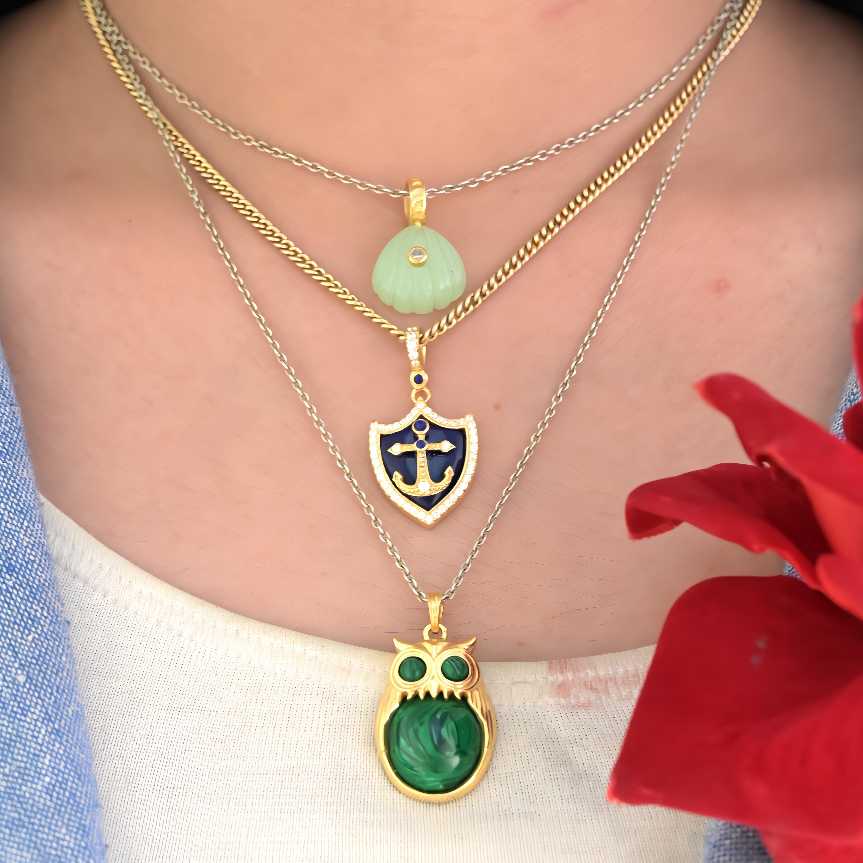 Carved Gemstone Owl Pendant: Malachite, Larimar, Gold or Silver - View 5 - Suren Jewels | SKU: SJP4244-SLYGMK-30M