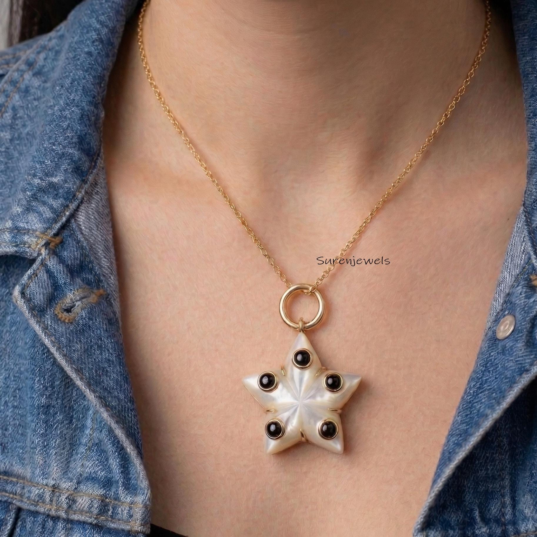 Hand Carved 14k Gold Gemstone Star Pendant handmade Designer Jewelry - View 4 - Suren Jewels | SKU: SJP6167-SLYGTQBO-25M