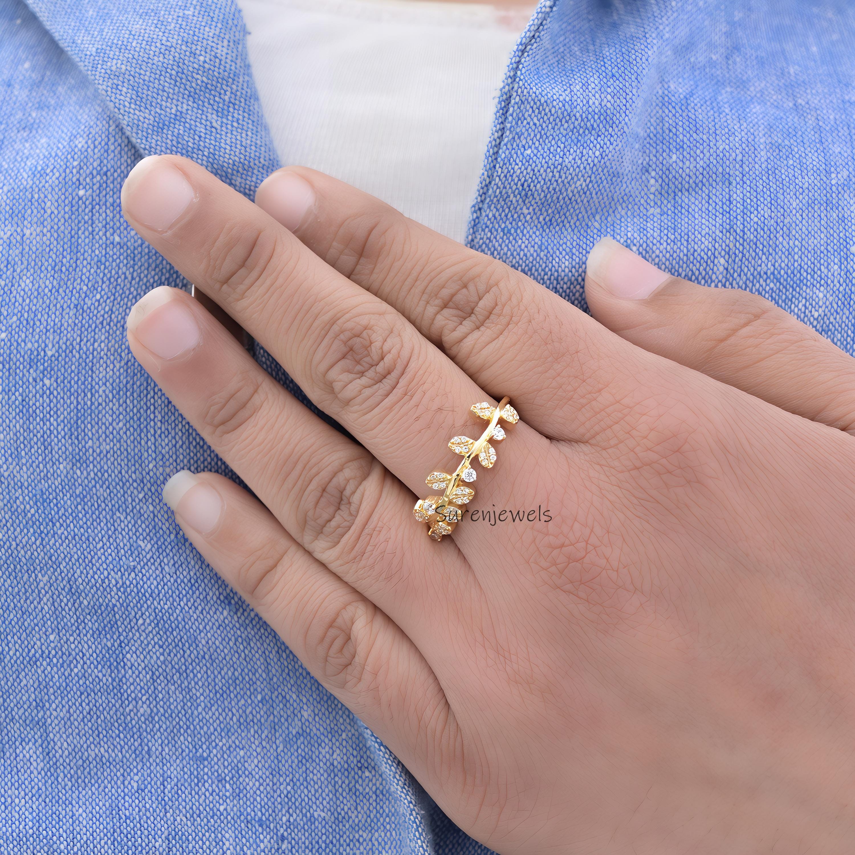 14k Gold Diamond Olive Leaf Ring: Pave Branch Design - View 3 - Suren Jewels | SKU: SJR2759