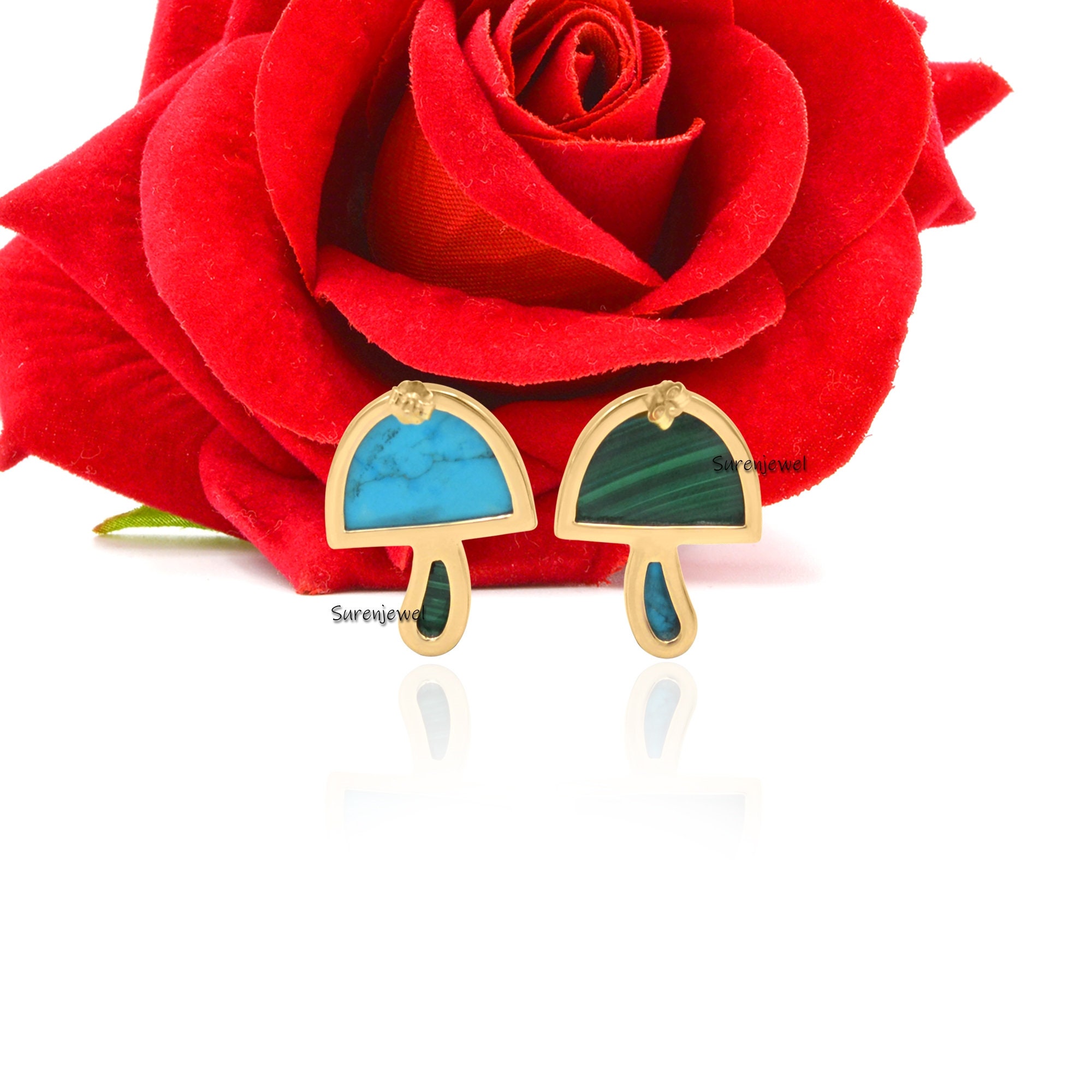 14k Gold Mushroom Studs: Gemstone Handmade Earrings - View 2 - Suren Jewels | SKU: SJE916-9KYGMKTQMTCS
