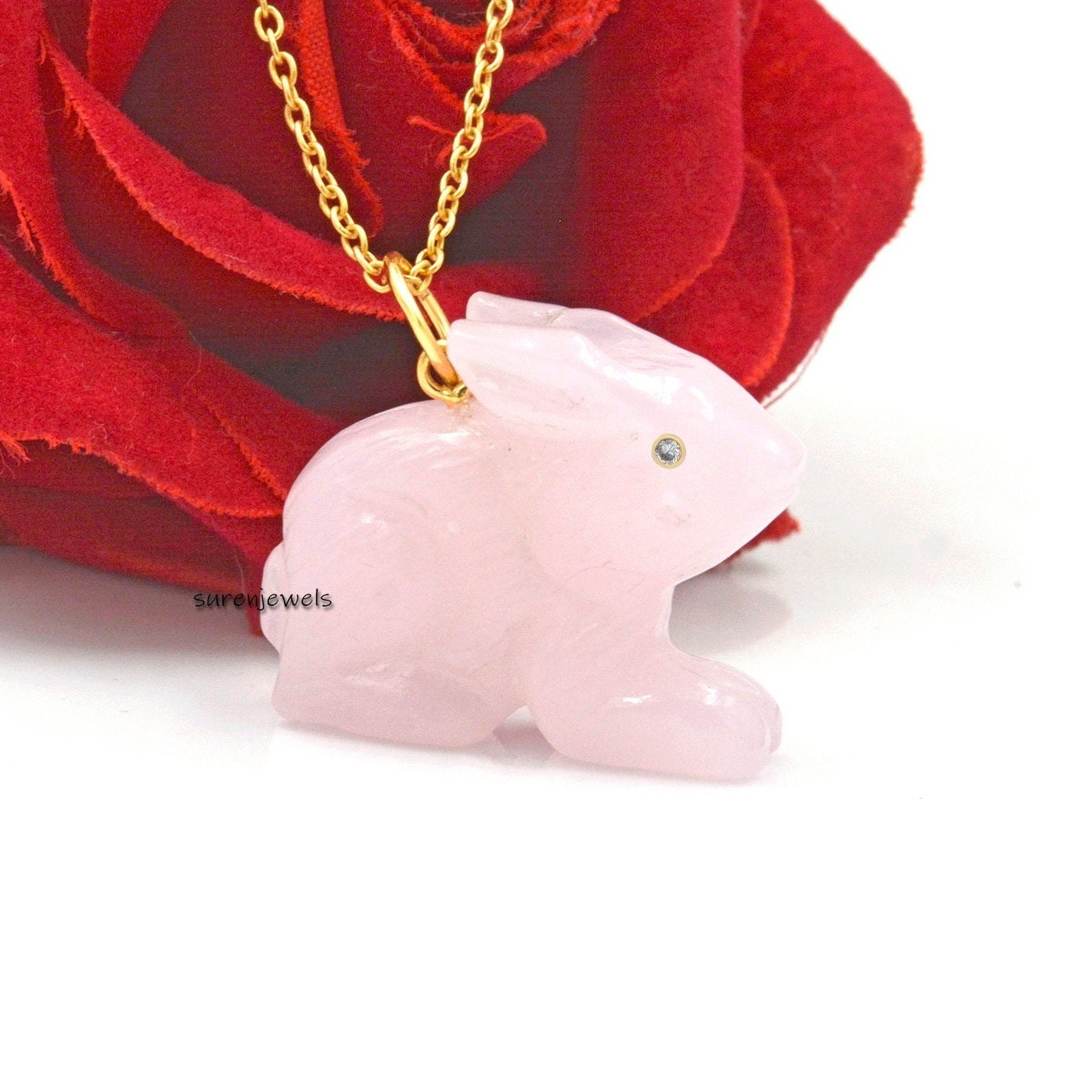 Hand Carved 14k Gold Gemstone Bunny Pendant: Handmade Rabbit Charm - View 3 - Suren Jewels | SKU: SJP1503-SLYGRQ