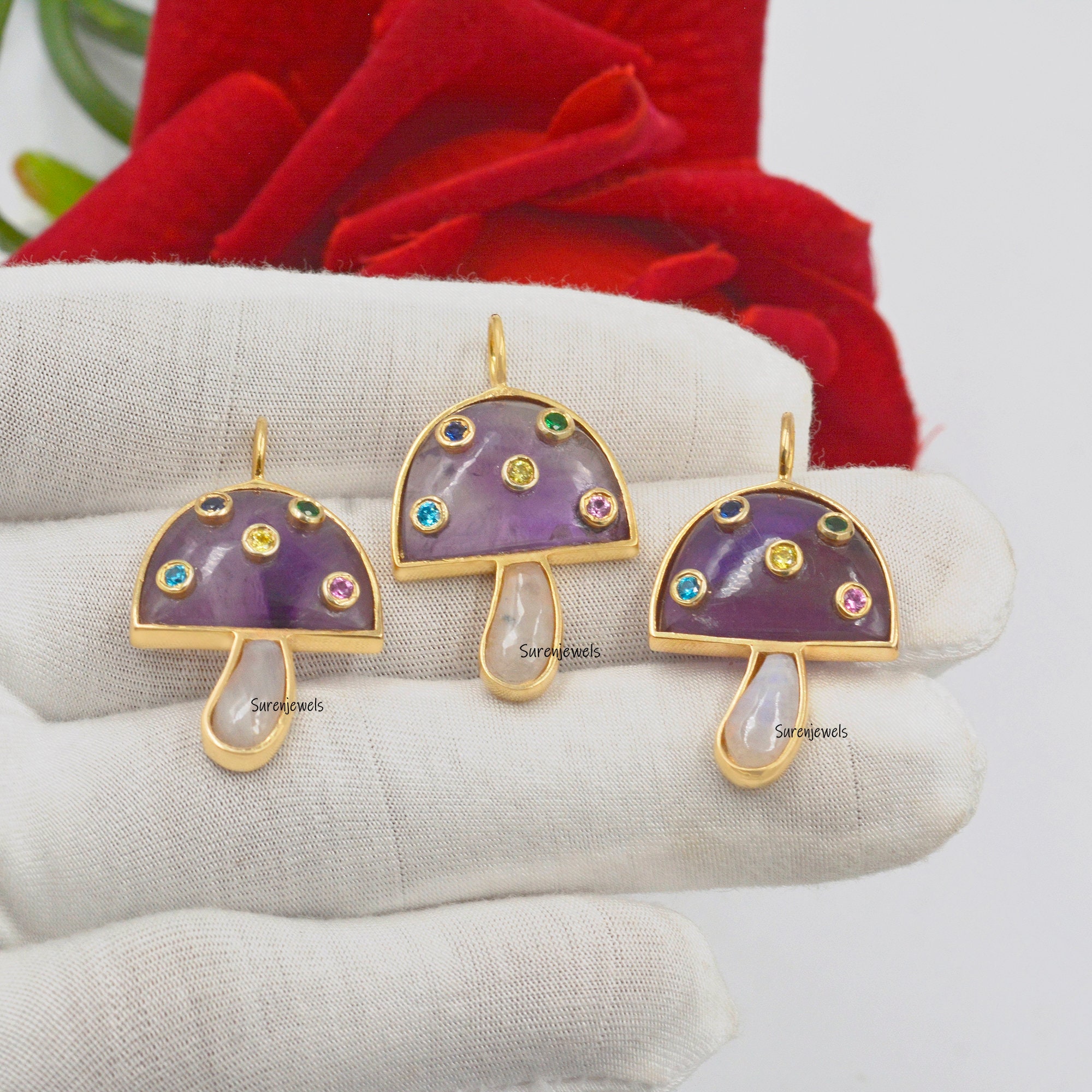 14k Solid Gold Mushroom Pendant, Pave Set Mushroom Pendant, Magic Mushroom Pendant, Gemstone Mushroom Pendant, Whoesale Mushr