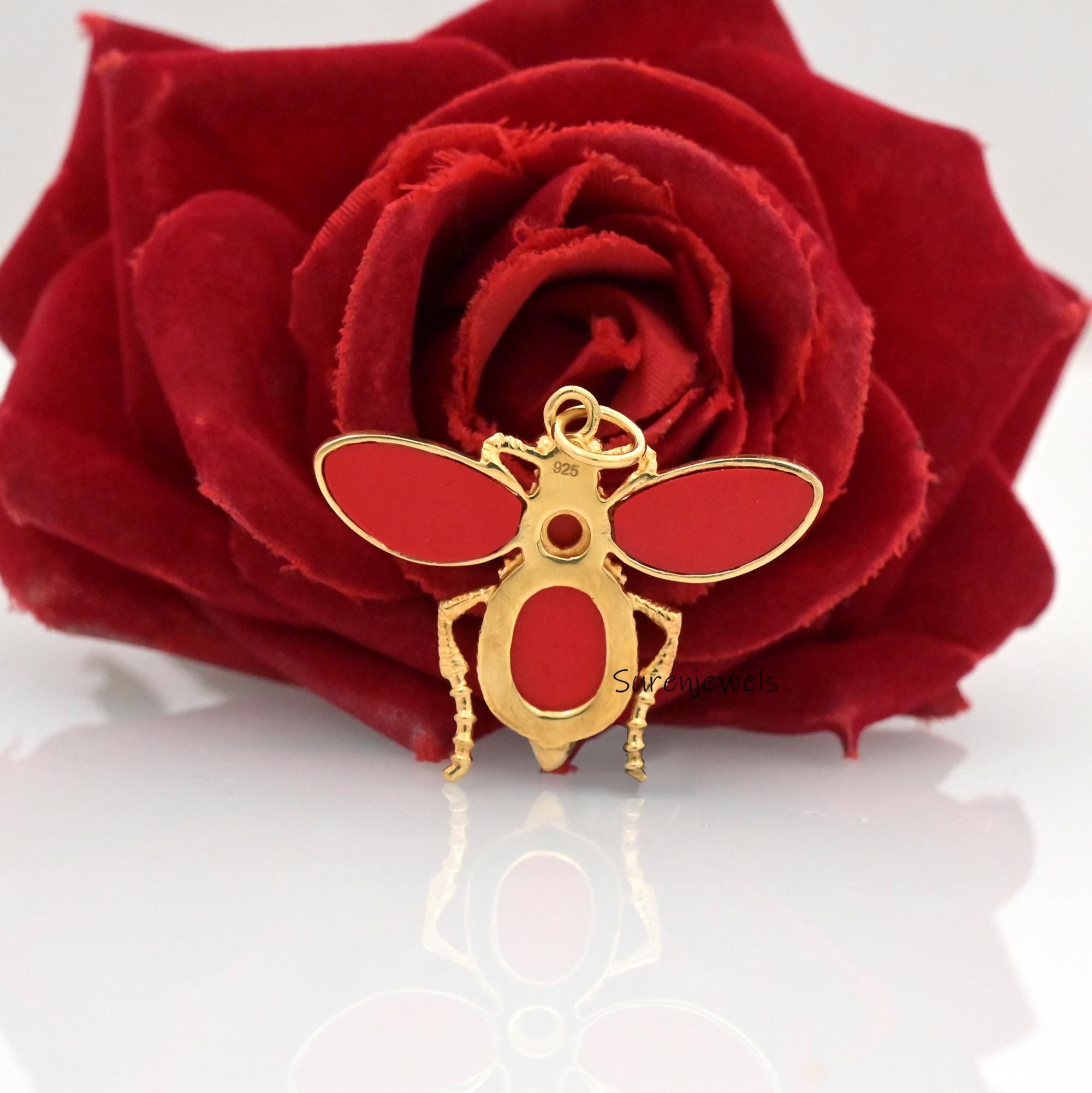 14k Solid Gold Opal Bee Pendant: Gemstone Honey Bee Charm - View 7 - Suren Jewels | SKU: SJP3864-SLYGGOP-25M,SJP4355-SLYGRCRP