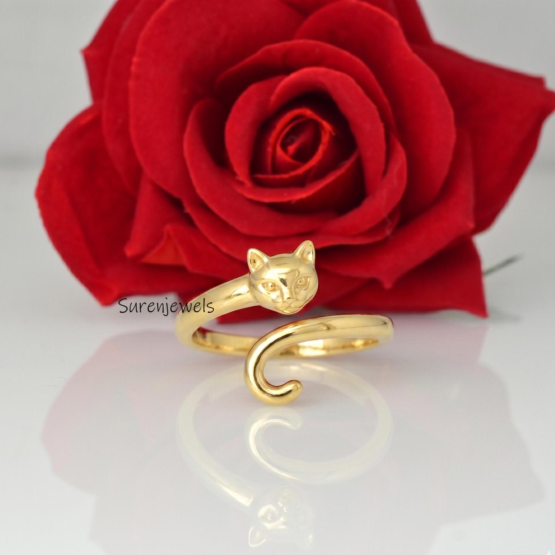 Gold Cat Ring, Adjustable Cat Wrap Ring, Cute Kitten Jewelry, Minimalist Cat Lover Gift, Stackable Animal Ring, Dainty Gold A