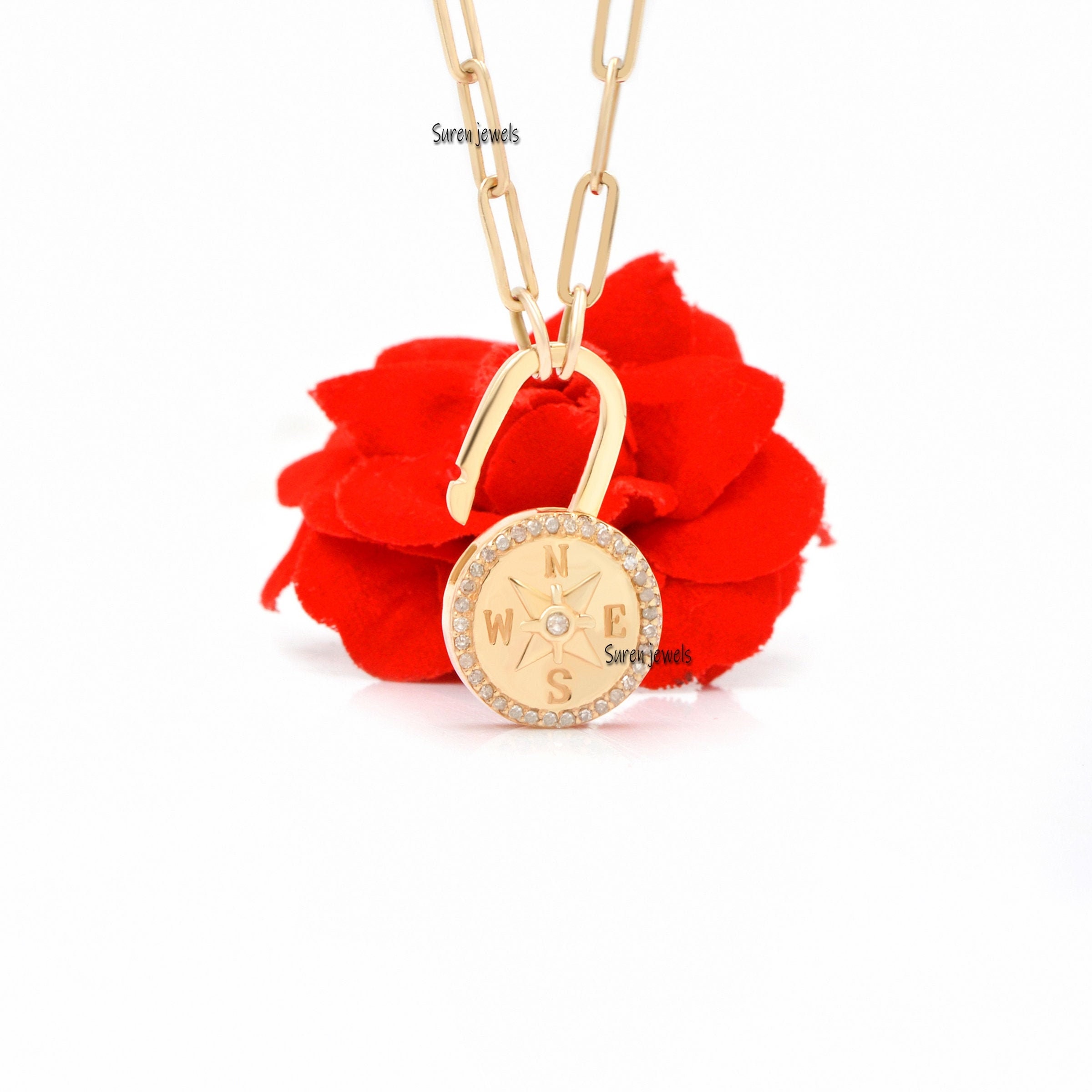Diamond Compass Charm Lock: 925 Silver Gemstone Padlock Pendant - Suren Jewels | SKU: SJP889-SLWGDI