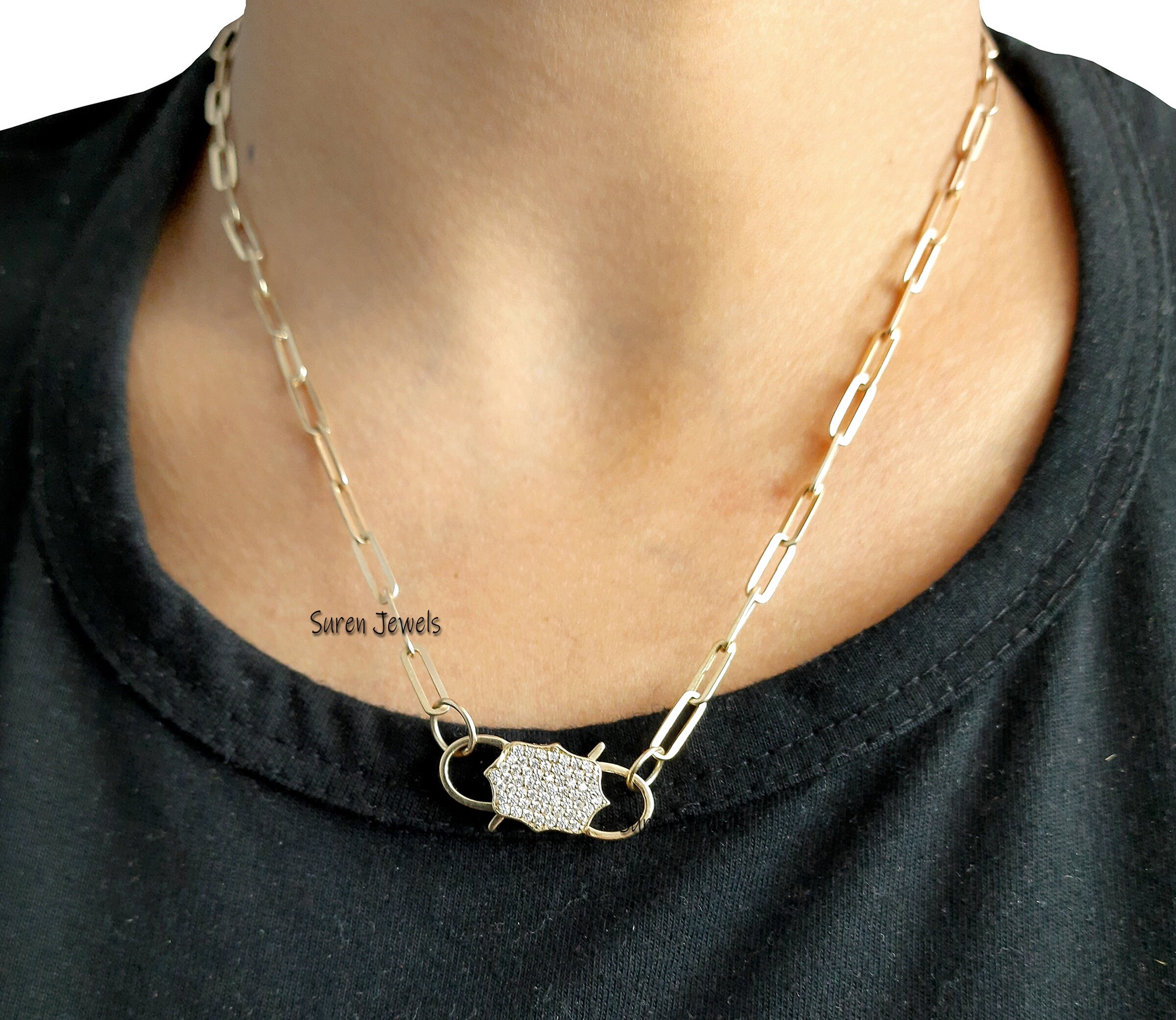 9K Gold Diamond Padlock Pendant: Pave Jewelry, 18 inch Chain - View 7 - Suren Jewels | SKU: SJP33-9KYGCZ-N47-18I