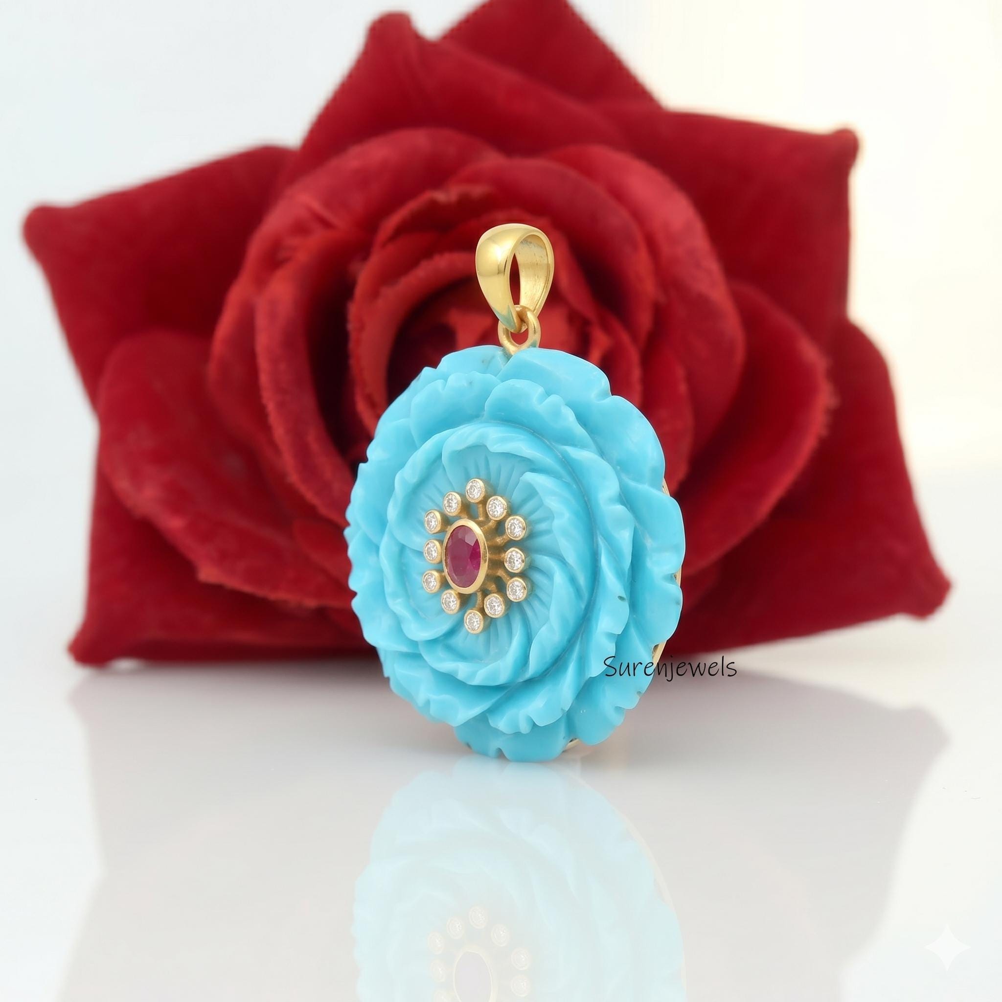 14k Gold Gemstone Flower Pendant, All Gemstone Designer Flower Charm, Quartz Flower Pendant, Unique Flower Pendant, Turquoise