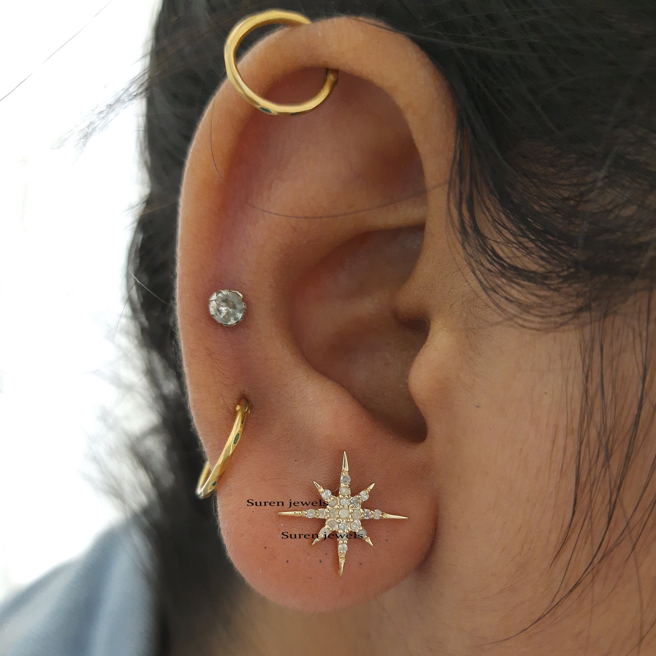 14k Gold Diamond Starburst Studs: Pave Star Earrings - View 5 - Suren Jewels | SKU: SJE325-14KYGDI
