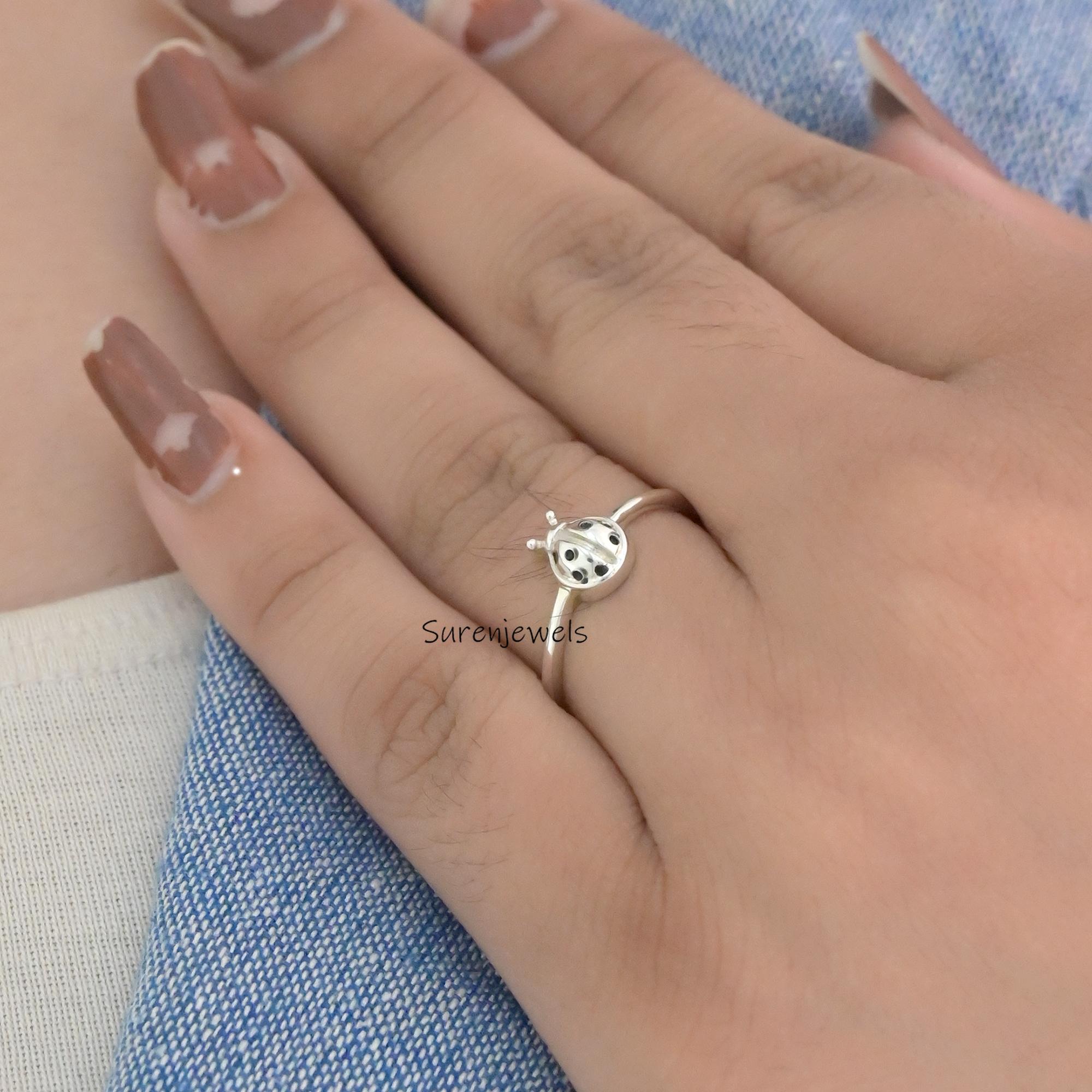 14k Gold Ladybug Ring: Dainty Handmade Animal Jewelry - View 5 - Suren Jewels | SKU: SJR2897-SLYGBKCZ-US-7