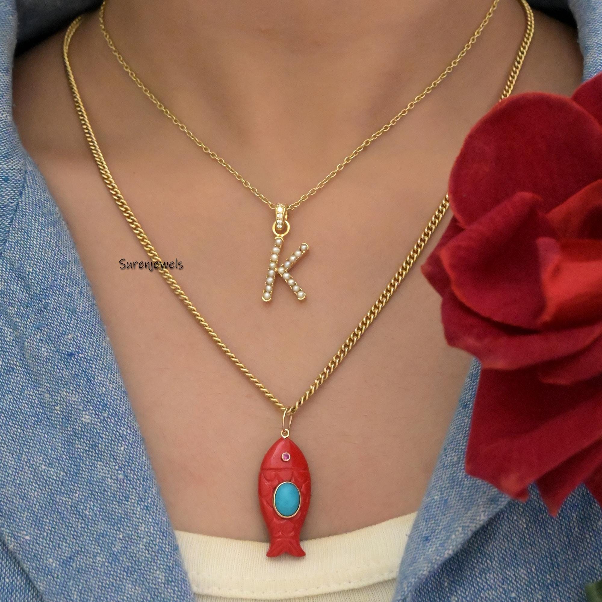 14K Gold Carved Gemstone Fish Pendant: Turquoise & Malachite - View 5 - Suren Jewels | SKU: SJP3434-9KYGRCRTQRUCZ-30M