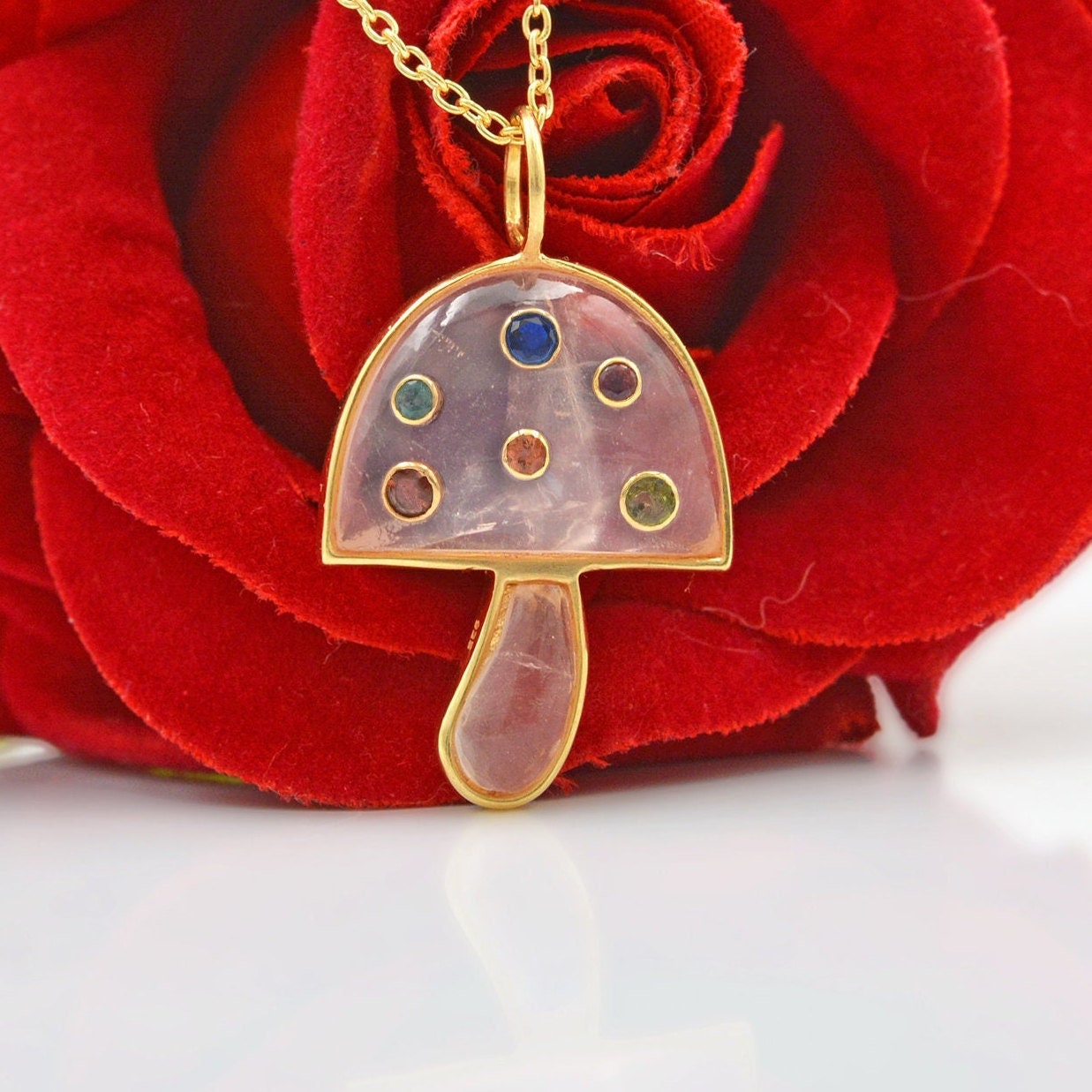 14K Gold Rose Quartz Mushroom Pendant: Gemstone Charm - Suren Jewels | SKU: SJP980-SLYGPOMTCS