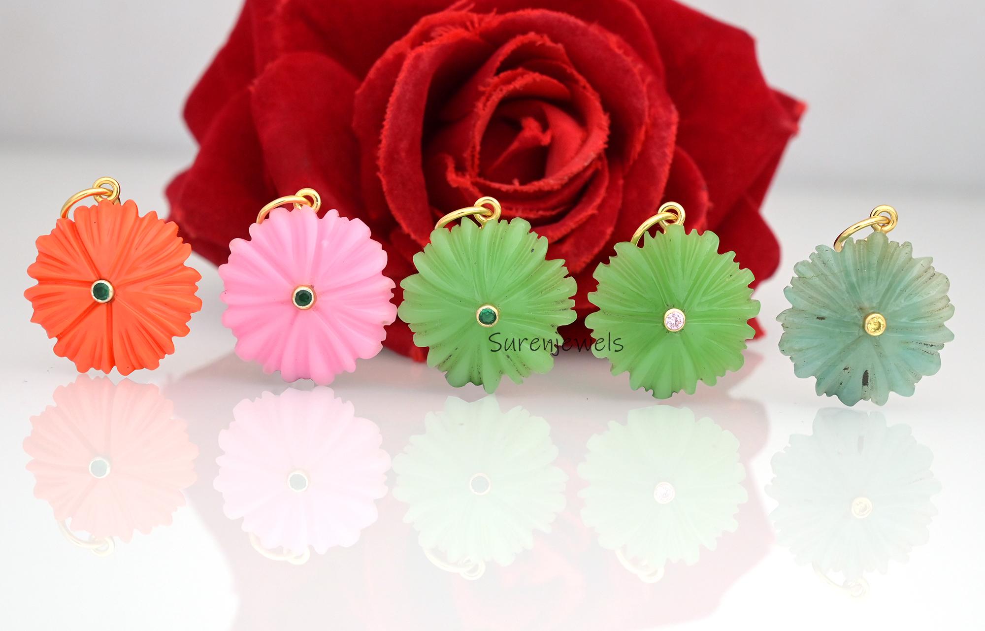 14K Gold Flower Pendant: Gemstone & Ruby CZ Charm - Suren Jewels | SKU: SJP4375-SLYGOCRGCZ-25M