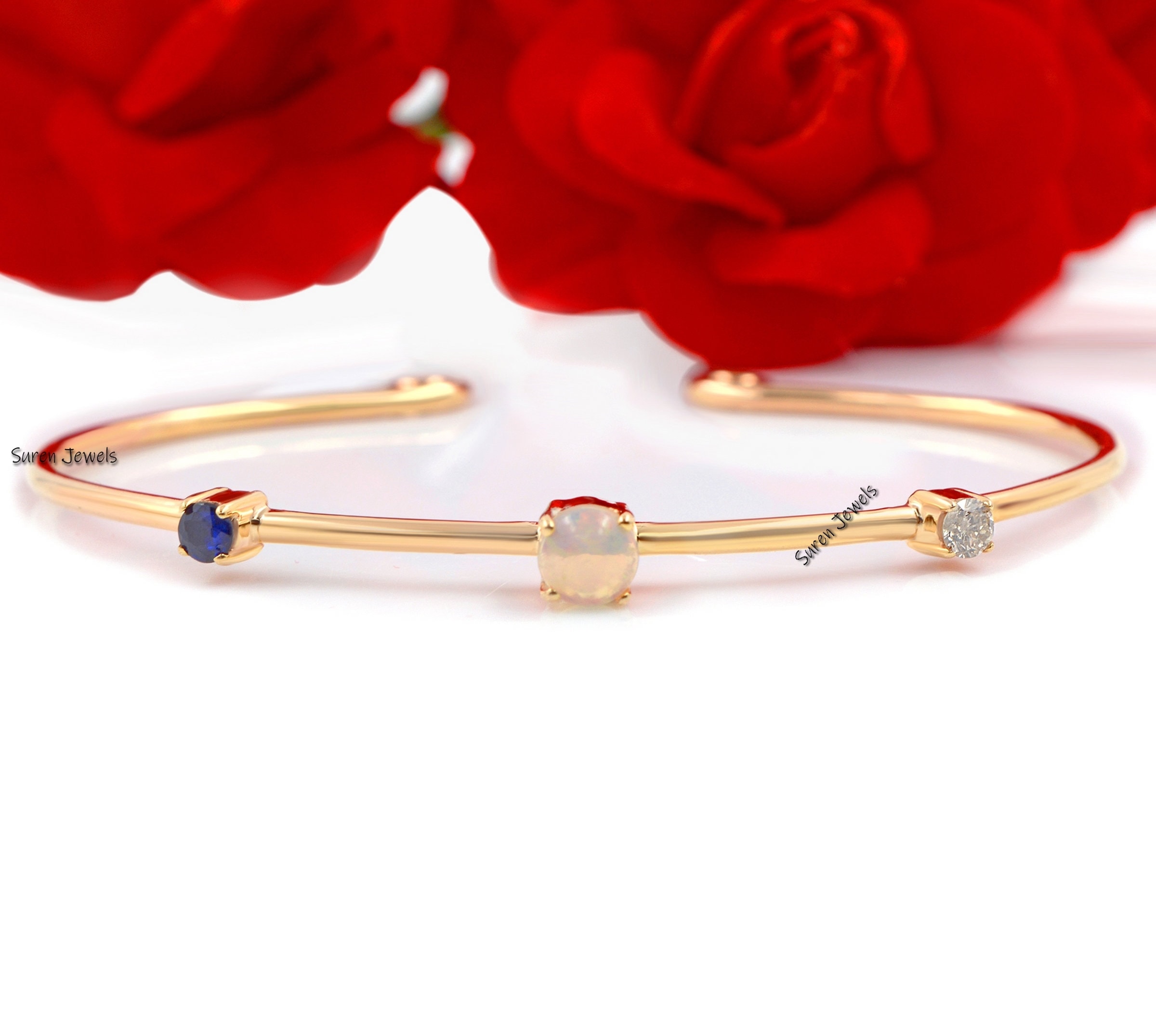14k Gold Diamond Cuff Bangle: Moissanite, Opal & Sapphire - Suren Jewels | SKU: SJB33-14KYGDIBSPOP