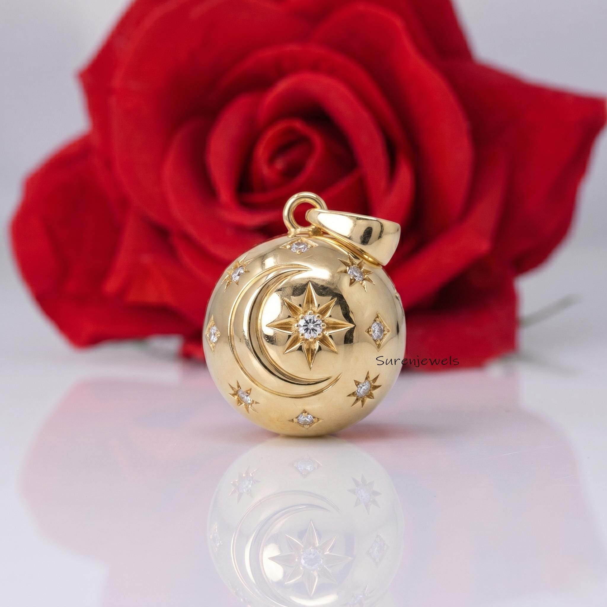 14k Gold Moon Star Ball Pendant, Gemstone Star Ball Pendant, Designer Round Ball Pendant, Handmade Carved Ball Pendant - Sure
