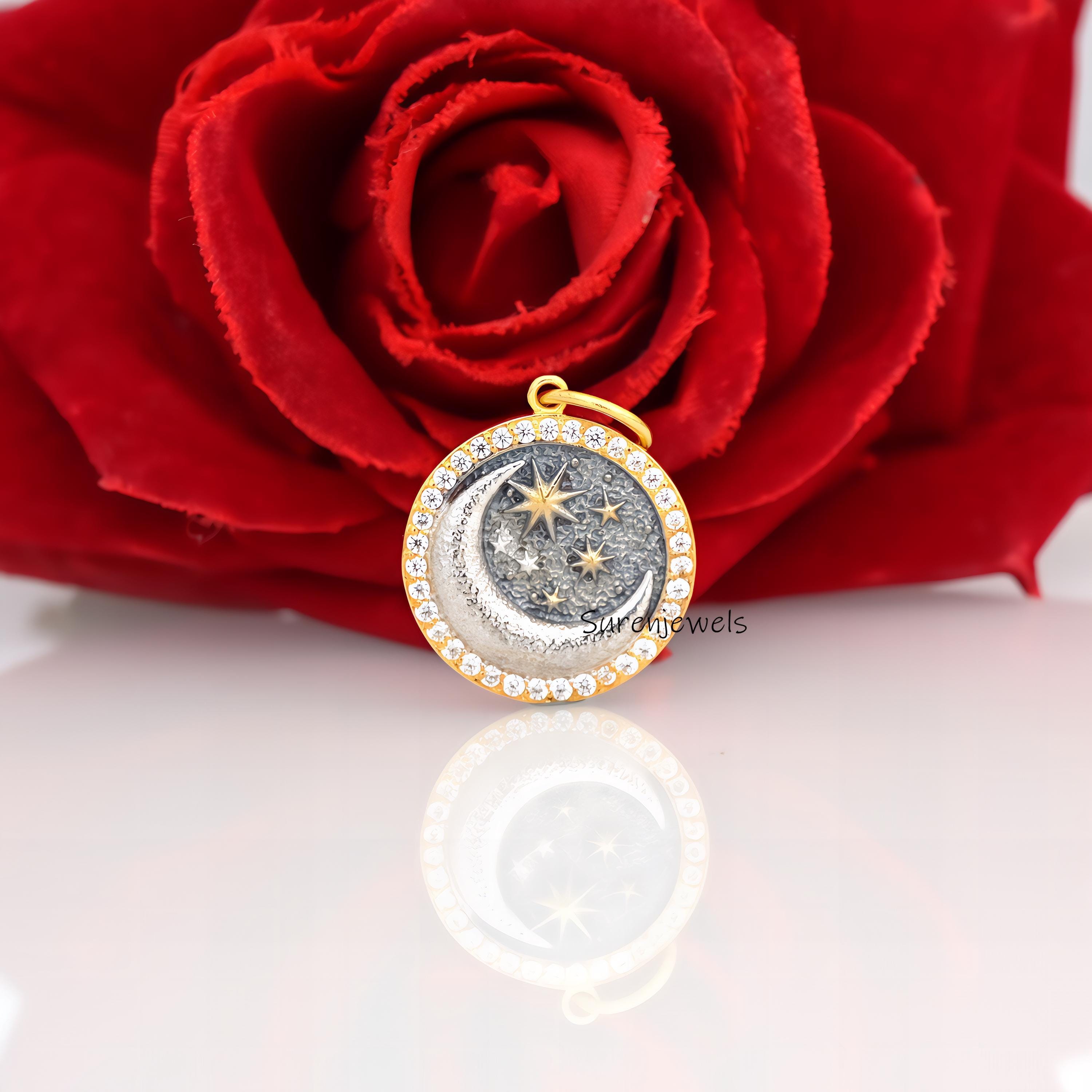 925 Silver Diamond Star Moon Disc Pendant: Celestial Charm - View 3 - Suren Jewels | SKU: SJP4352-SLYGRHNSCZ-25M,SJP