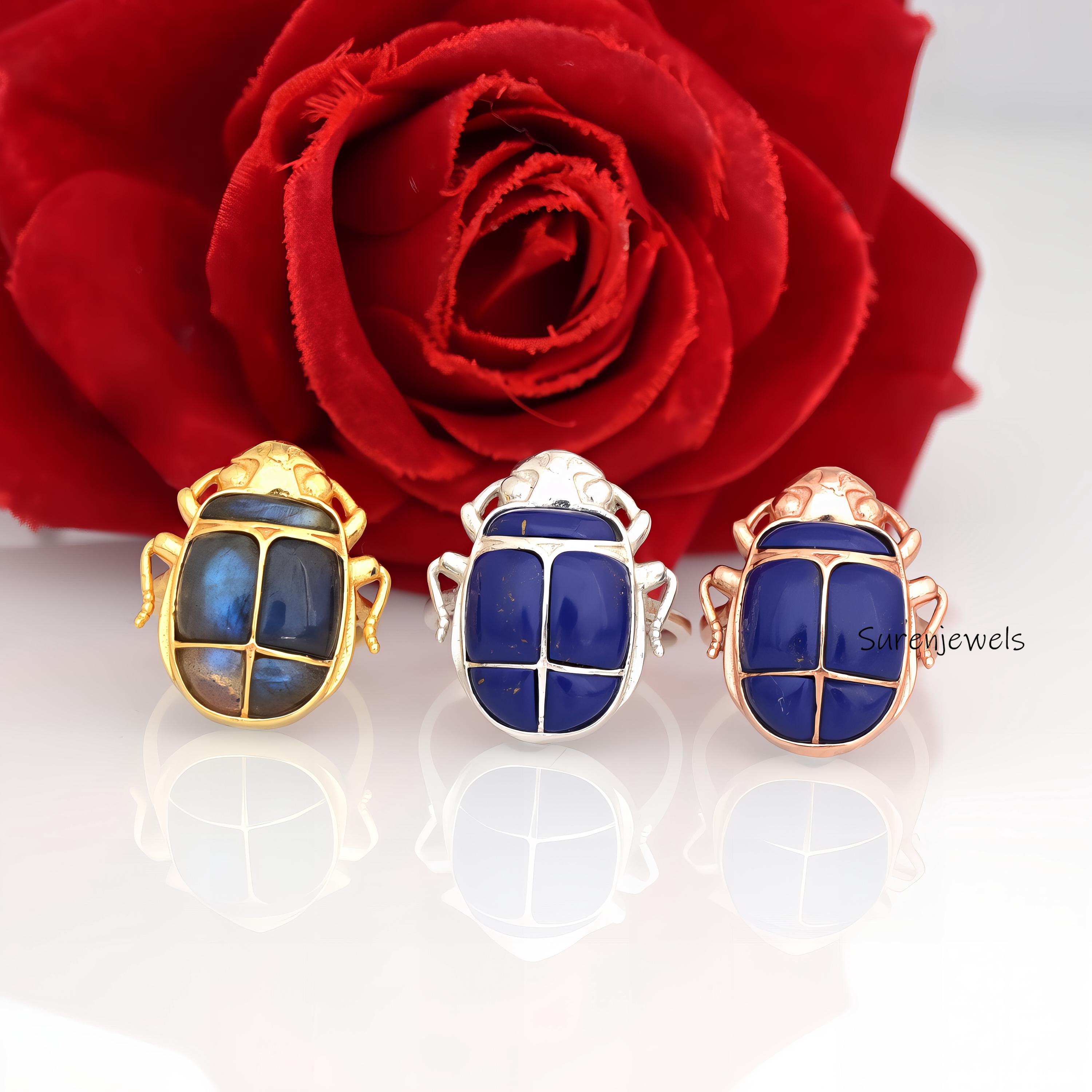 14k Gold Gemstone Scarab Beetle Ring: Egypt-Inspired Lucky Jewelry - View 3 - Suren Jewels | SKU: SJR2756-SLWGMSLB-US-8,SJR,S