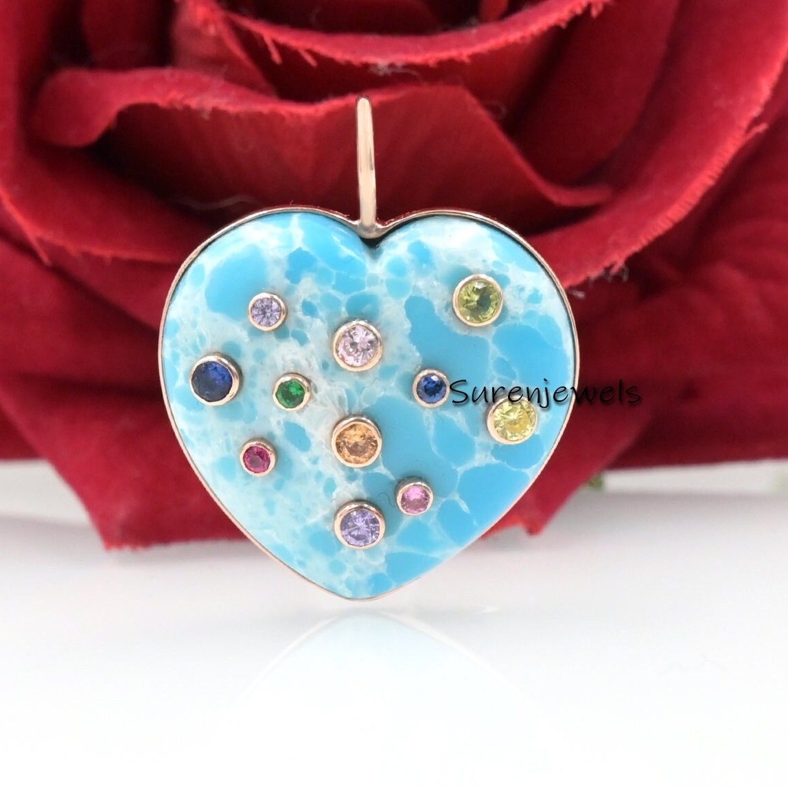 Hand Carved MOP Heart Pendant: Multi Gemstone Inlay (25 MM) - View 7 - Suren Jewels | SKU: SJP1405-SLYGCRMN