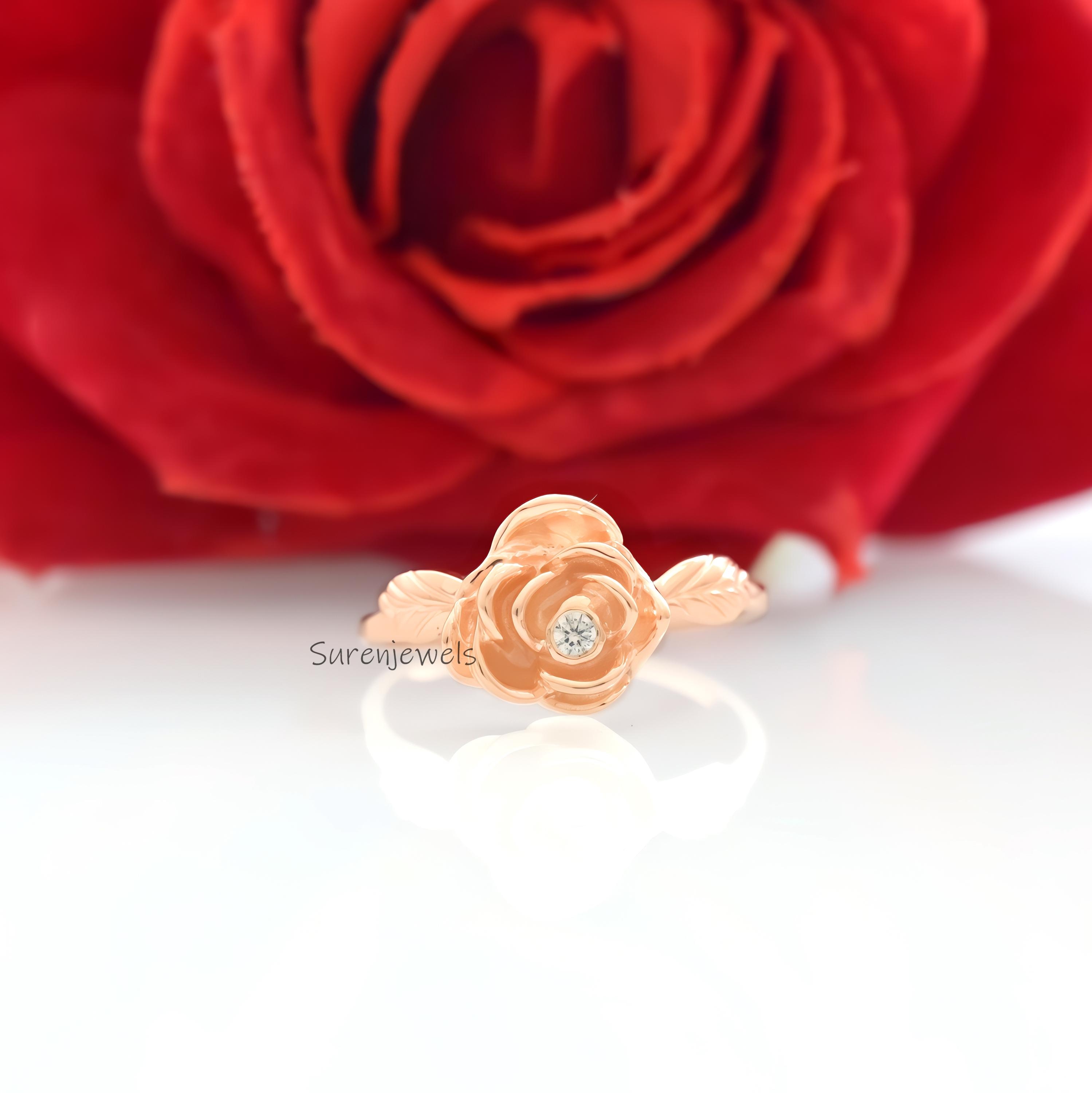 14k Gold Rose Ring: Dainty Flower Jewelry - View 3 - Suren Jewels | SKU: SJR2947-SLYGCZ-US-6,SJR2996-SLYGCZ-US-7.5
